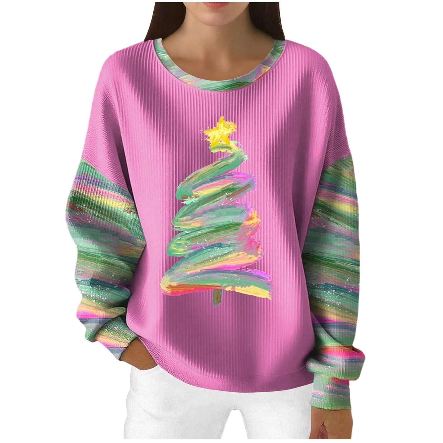 GDSAFS Womens Christmas Sweatshirt Trendy Plus Size Pullover Sweater Long Sleeve Holiday Festive Loose Top
