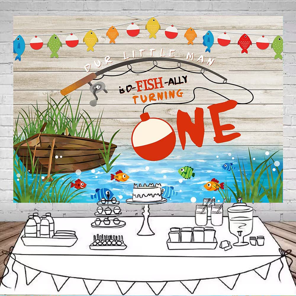Mocsicka Gone Fishing 1st Birthday Backdrop Boy Ofishally One Birthday Party Decorations Backdrop Fishing First Birthday Party Backdrops Banner Cake Table Decorations (7x5ft)