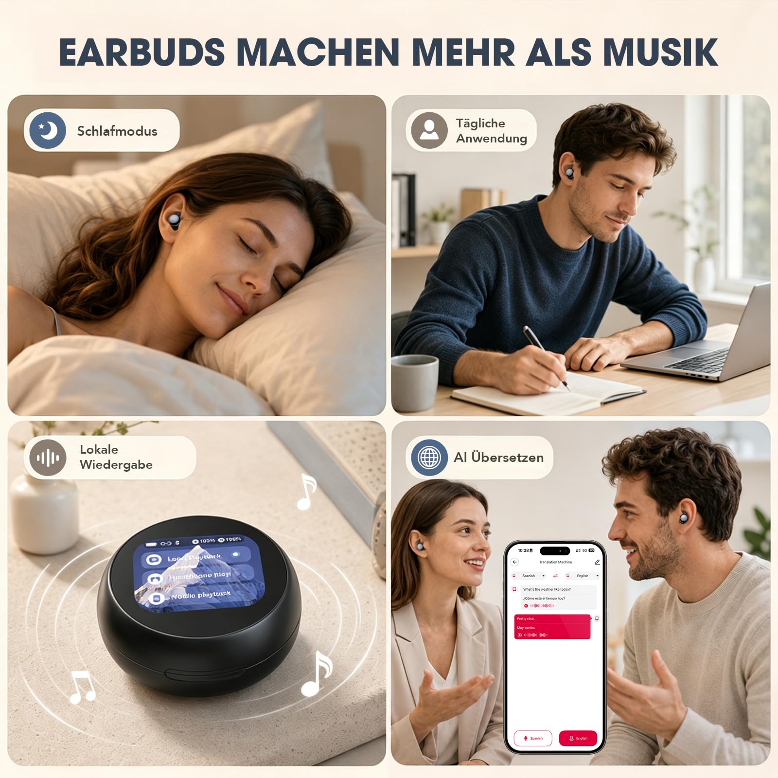 NE90 Schlafkopfhörer für Seitenschläfer, Mini Bluetooth 6.0 Kopfhörer zum Schlafen mit Smart-Touchscreen-Case, Sleep-Timer, Dual-Bluetooth, 18 Std. Akku, KI-Übersetzung in 160+ Sprachen