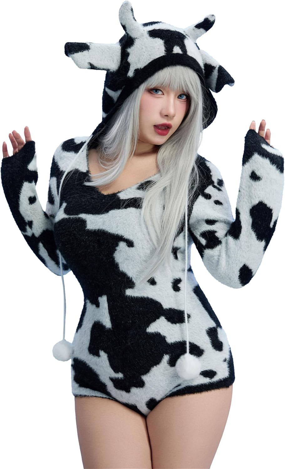 Mobbunny Women's Fuzzy Knit Sweater Pajamas Cute Cow Print Jumpsuit Fluffy Hooded Romper Bodysuit Onesies Pajamas Adult