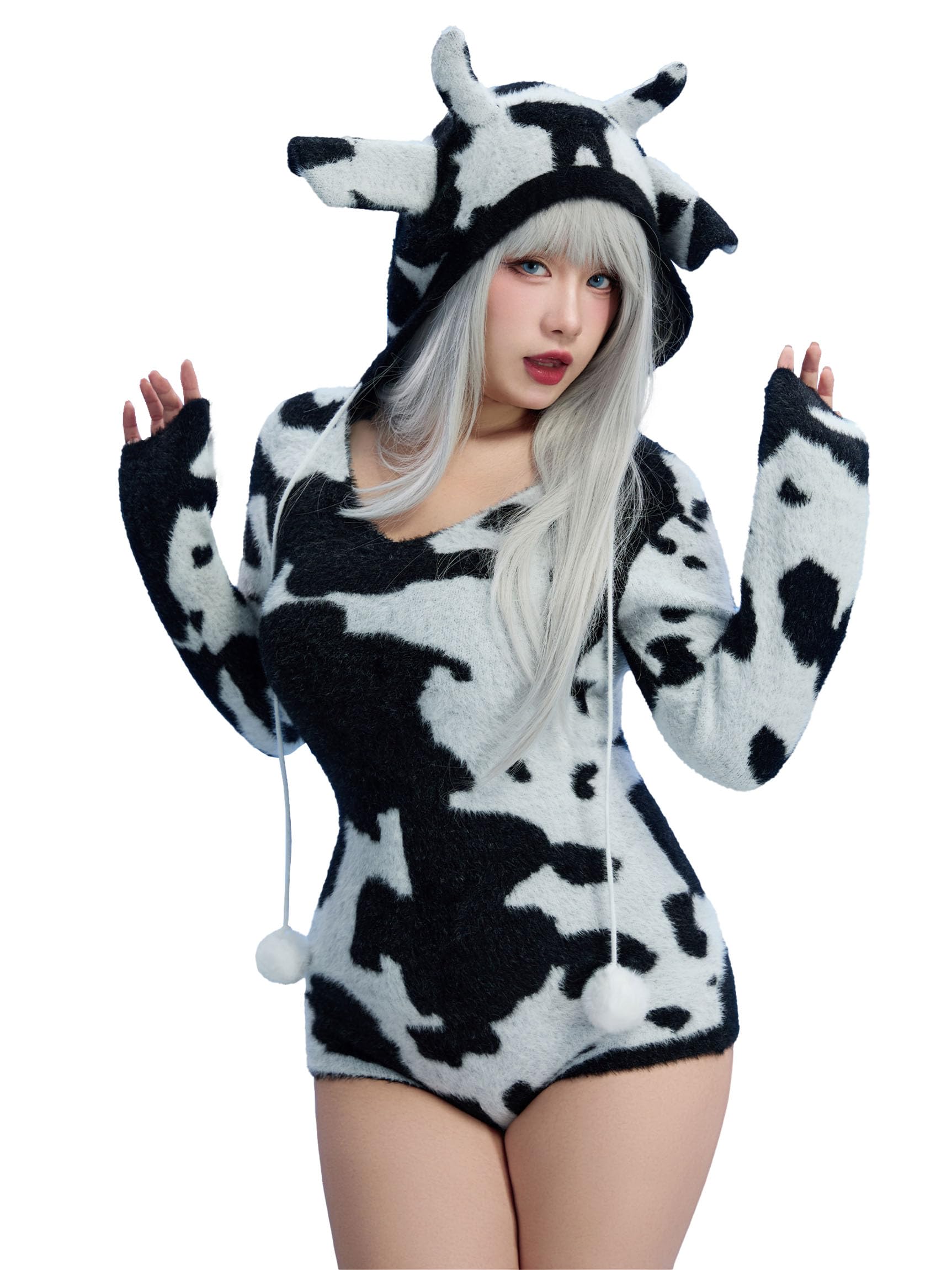 MobbunnyWomen's Fuzzy Knit Sweater Pajamas Cute Cow Print Jumpsuit Fluffy Hooded Romper Bodysuit Onesies Pajamas Adult