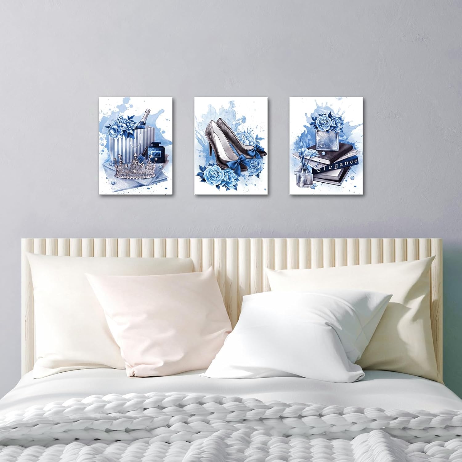 Fashion Blue Women Art Print 3 Panles Framed Perfume High Heels Flower Prints Wall Art Princess Crown Decor for Office Bathroom Bedroom Decoration