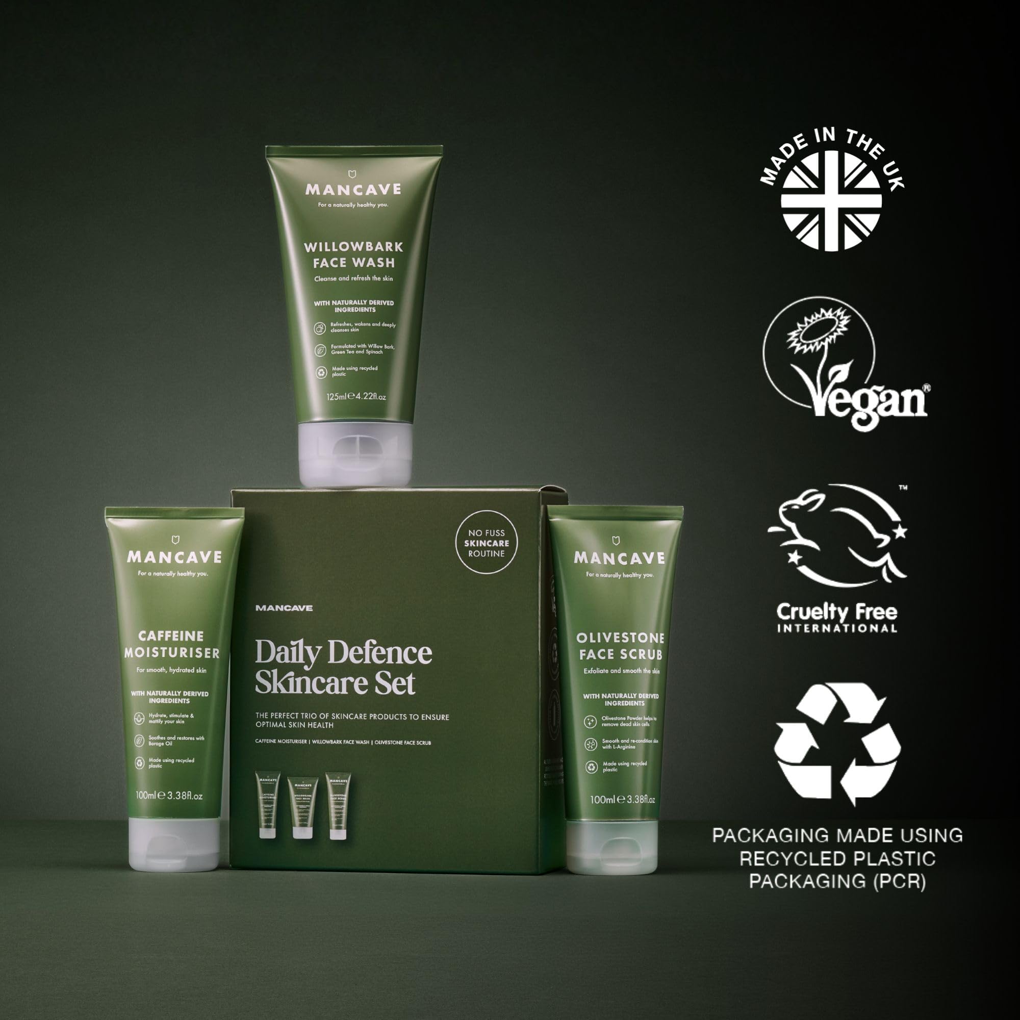 ManCave Gesichtspflege Set Herren 3-Teilig - Geschenkset Männer mit Waschgel, Peeling & Feuchtigkeitscreme - Natürliche Hautpflege Männer - Vegan - Pflegeset Geschenk