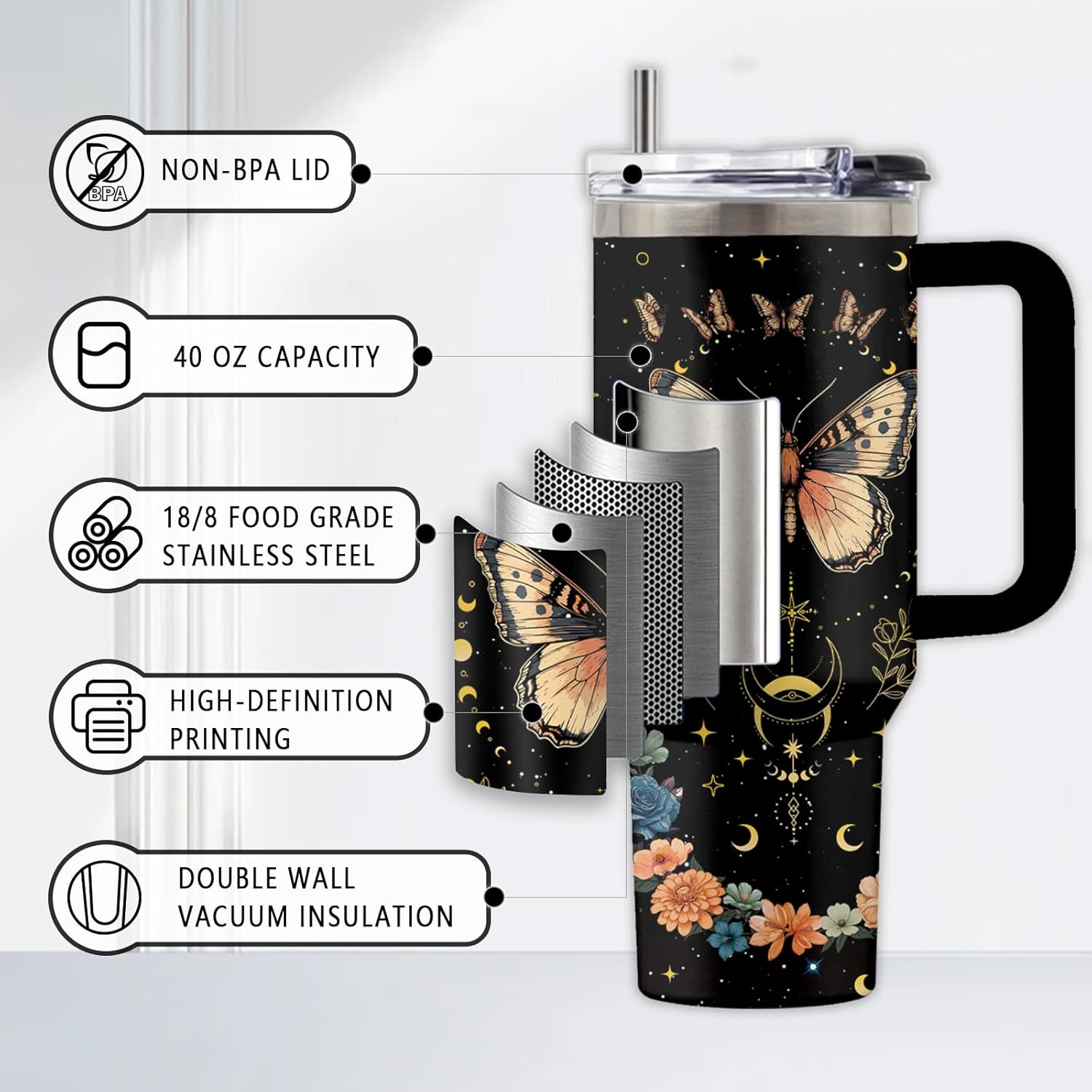 Butterfly Gift for Woman, 40 Oz Goth Butterfly Tumbler Mug Cup with Handle & Straw, Christmas Gifts for Butterflies Moon Animal Lover, Flower Themed Gifts, 1 PCS - Image 4