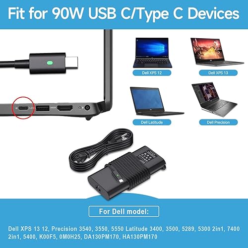 Miniatura 5 de ROLADA 90W USB C Laptops Charger Compatible with Dell XPS 13 9365 9360 9370 Latitude 3000 5000 7000 9000 Series 7420 7320 7390 3400 3500 5289 5300