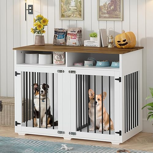 Miniatura 8 de Jaula de Perro para Dos Perros de Estilo Granja de 41 Pulgadas, con Divisorio Removible y Escritorio Engrozado, Base Resistente para Perros Pequeños