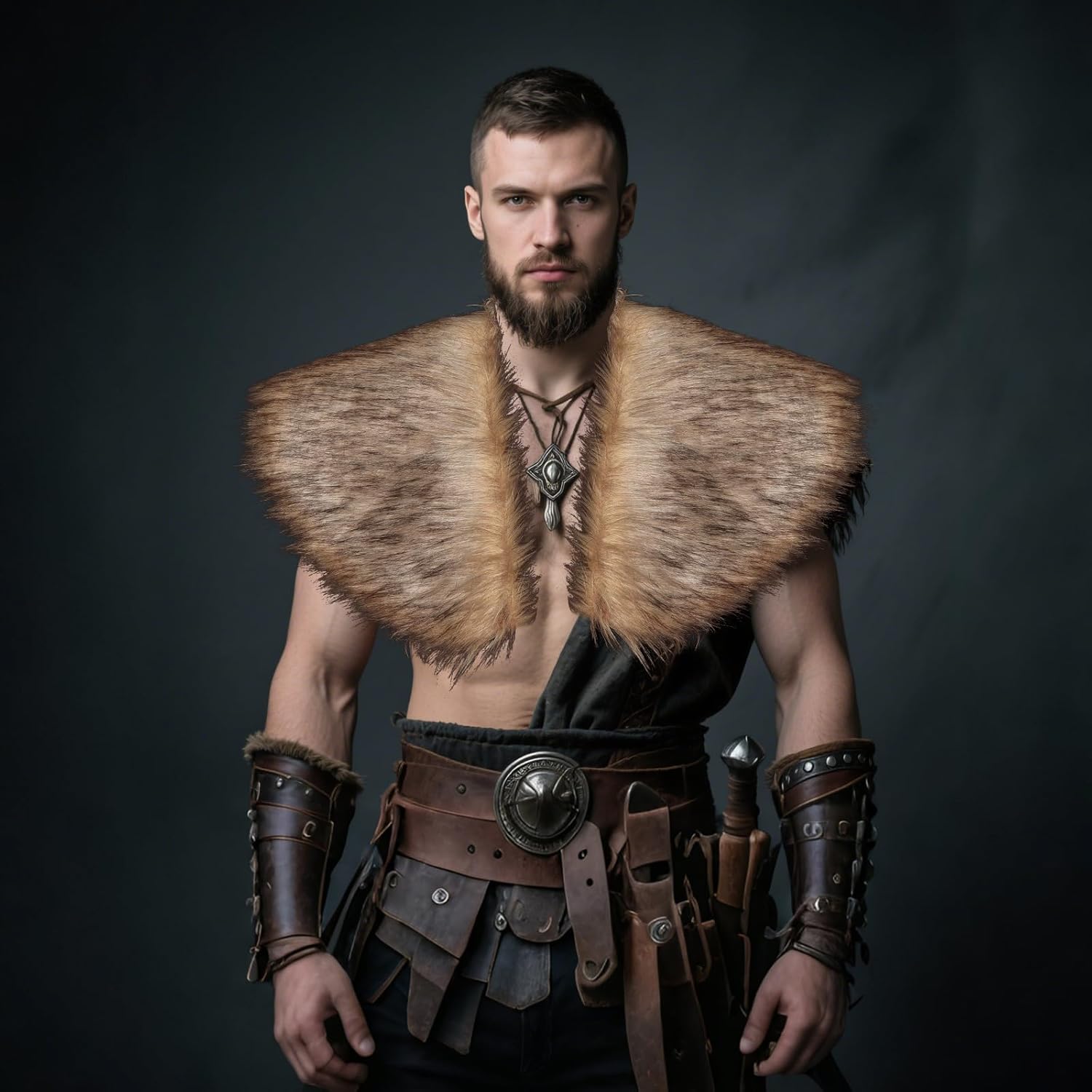 Men Viking Faux Fur Shawl Medieval Fur Shoulder Wrap Collar Warrior Costume Cosplay Brown - Image 6