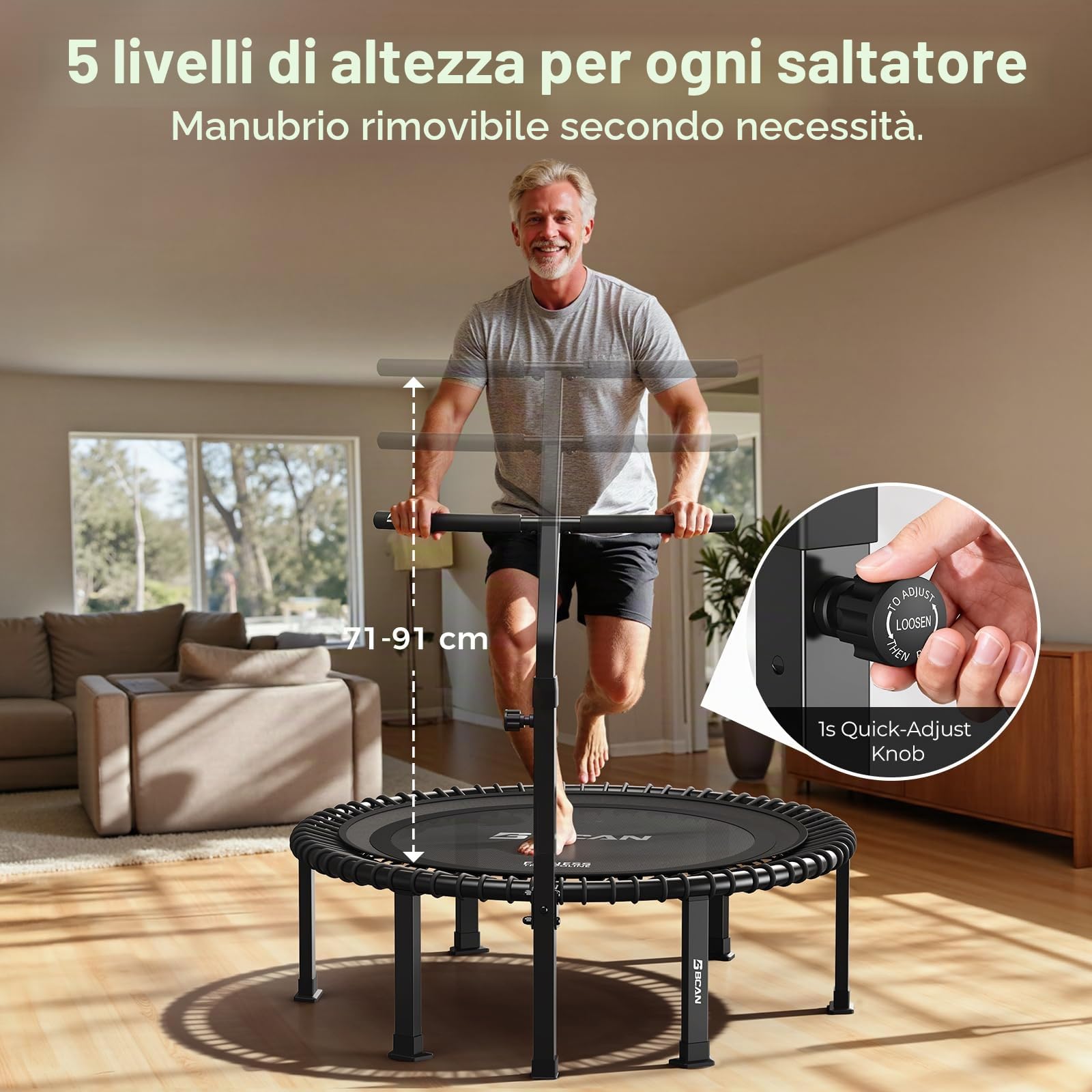 B BCAN BT4 Soft Land Pro - Trampolino elastico elastico da 96/102/122 cm, capacità 227 kg, elastico a tensione regolabile, telaio monopezzo, supporto per telefono e 2 paia di calzini