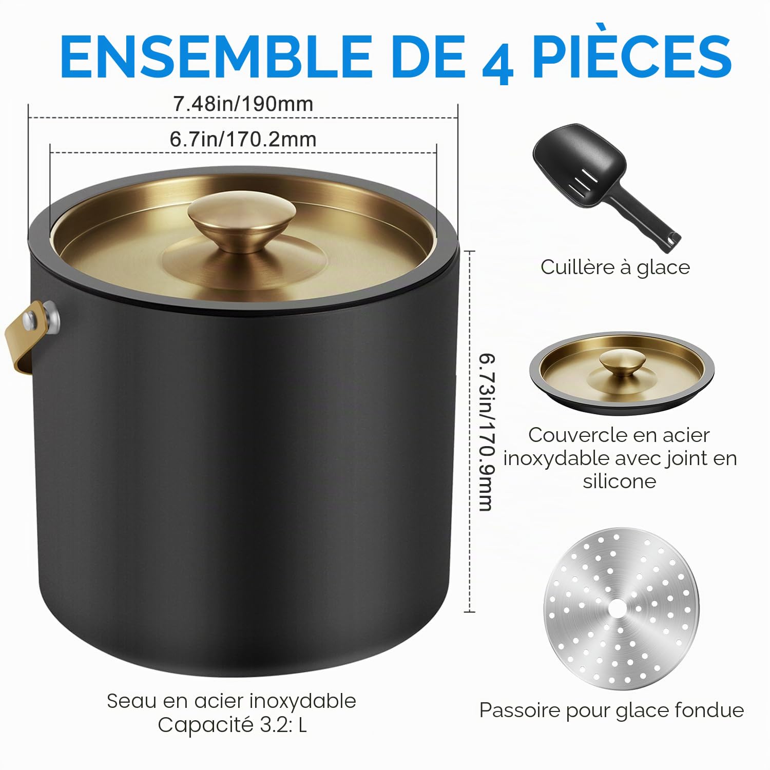 3.2L Seau a glacon, double paroi isolante en acier inoxydable, noir | Double paroi isotherme, Avec pelle, Pour bars à cocktails, Pour fêtes