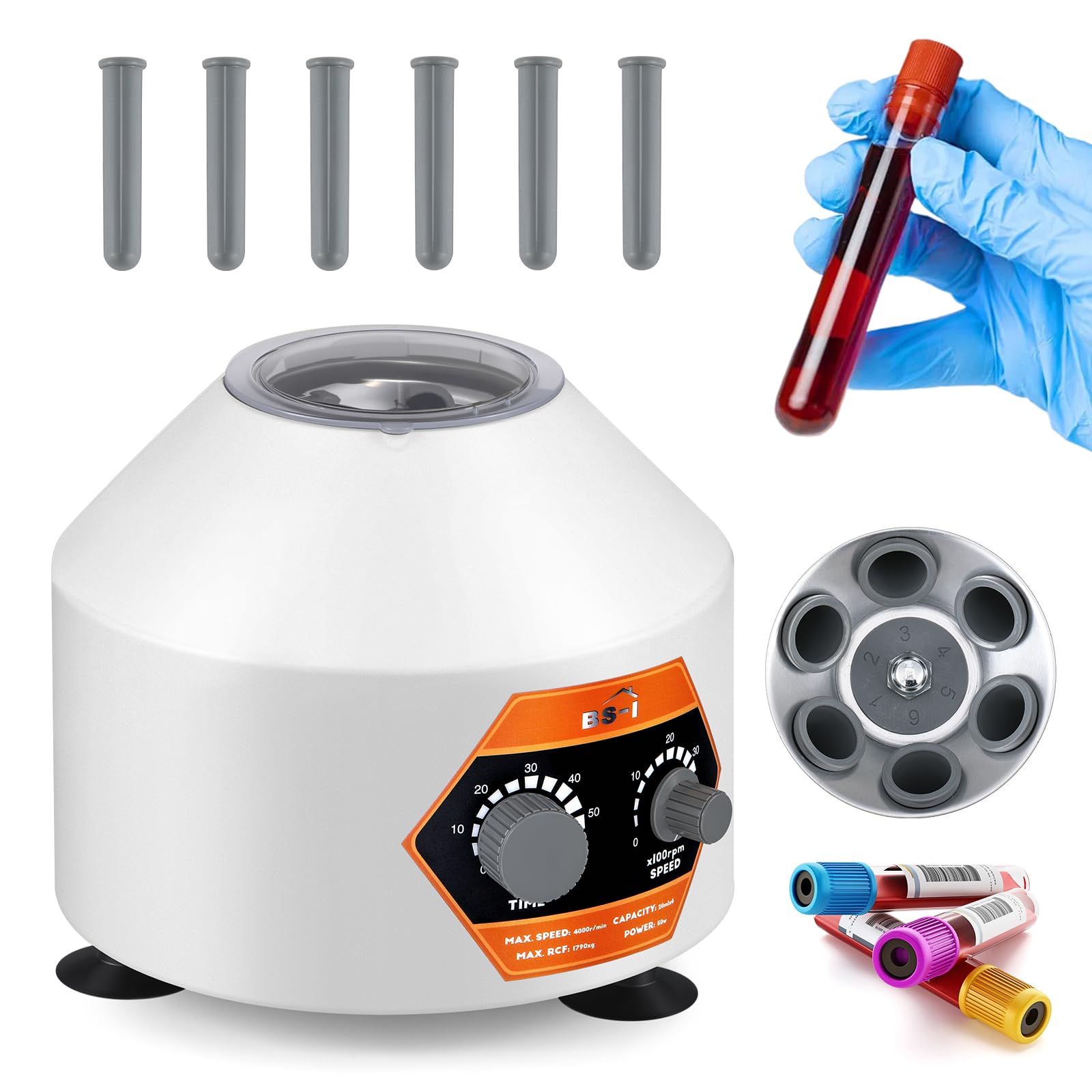 Bonvoisin Centrífuga de Laboratorio 6X20ml, 4000rpm, 60min Tiempo, 1790xg Fuerza Centrífuga con Tapa Transparente, PRP PRF Uso para 5/7/10ml Vacutainer & 10/15ml Tubos de Centrífuga (EU Plug)