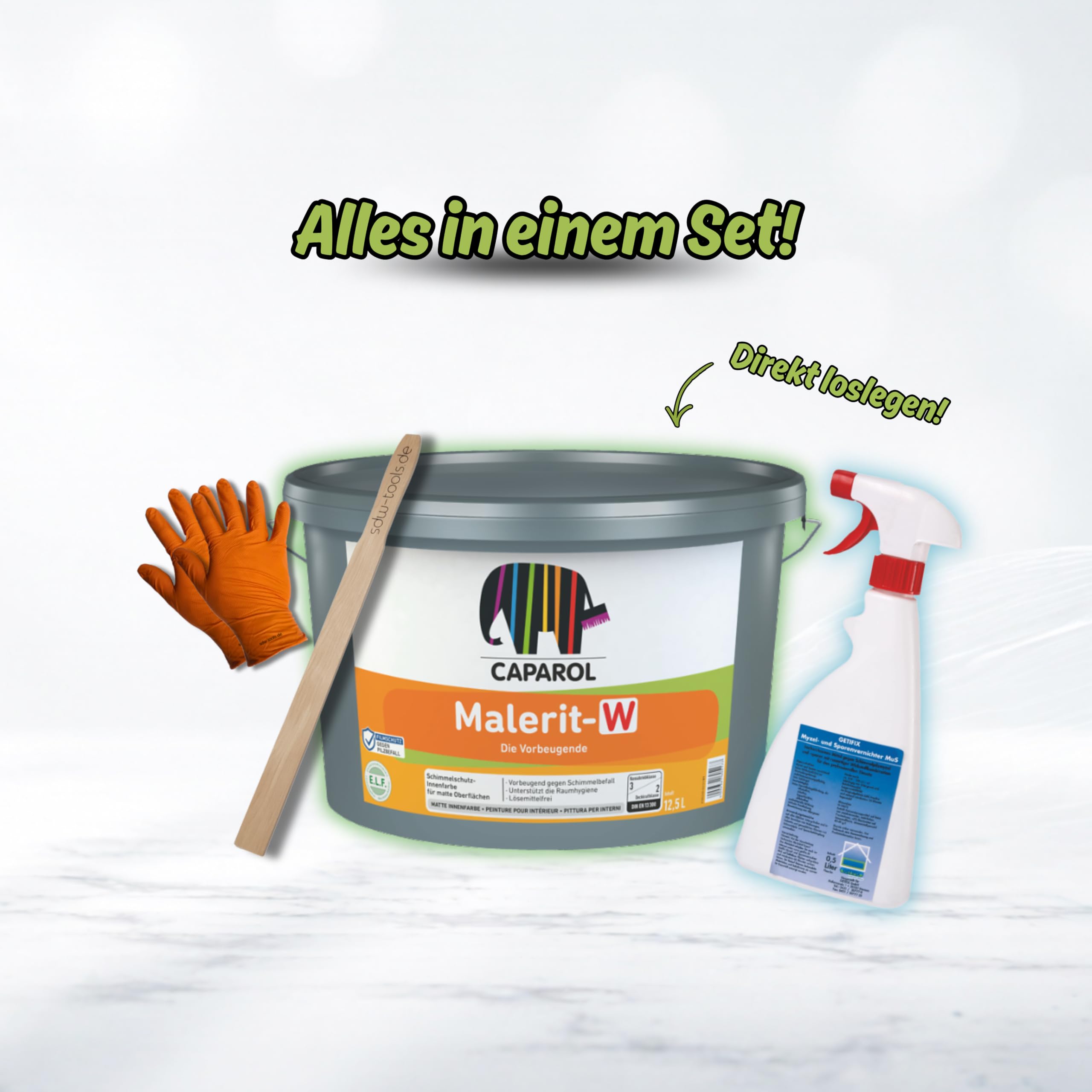 Caparol Anti-Schimmel Farbe Malerit W - weiß 2,5 Liter All in One Set inklusive Schimmelentferner, sdw-tools Rührholz und Nitrilhandschuhe - Saubere Behandlung und deckende Ergebnisse