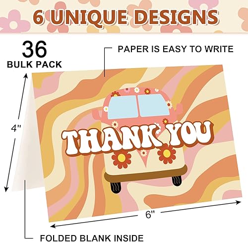 Miniatura 2 de Whaline 36 tarjetas de agradecimiento estilo hippie retro para Acción de Gracias, bohemio, floral, con sobres y calcomanías, tarjeta de notas de