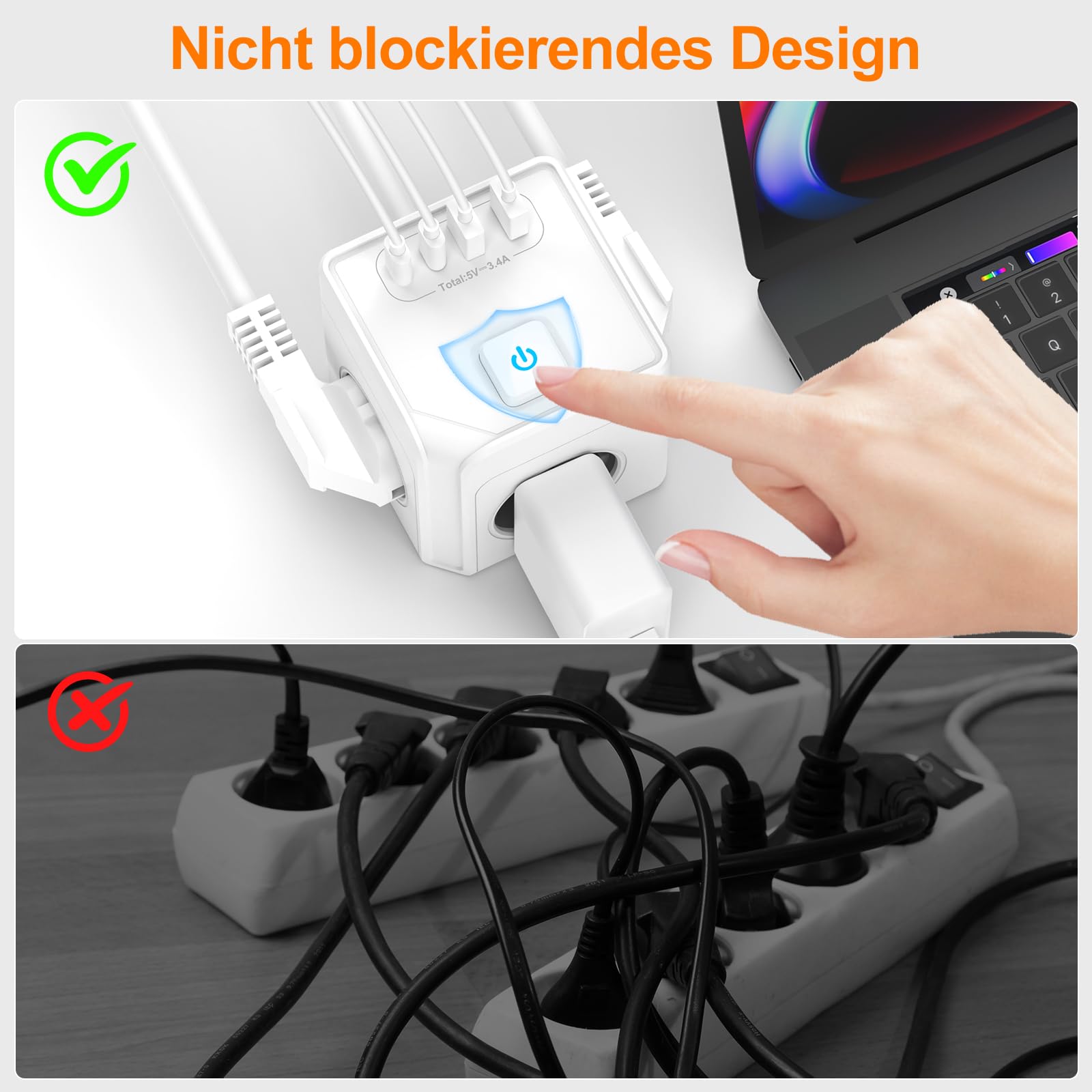 Steckdosenwürfel USB C Steckdosenleiste 3Fach Mehrfachsteckdose Würfel