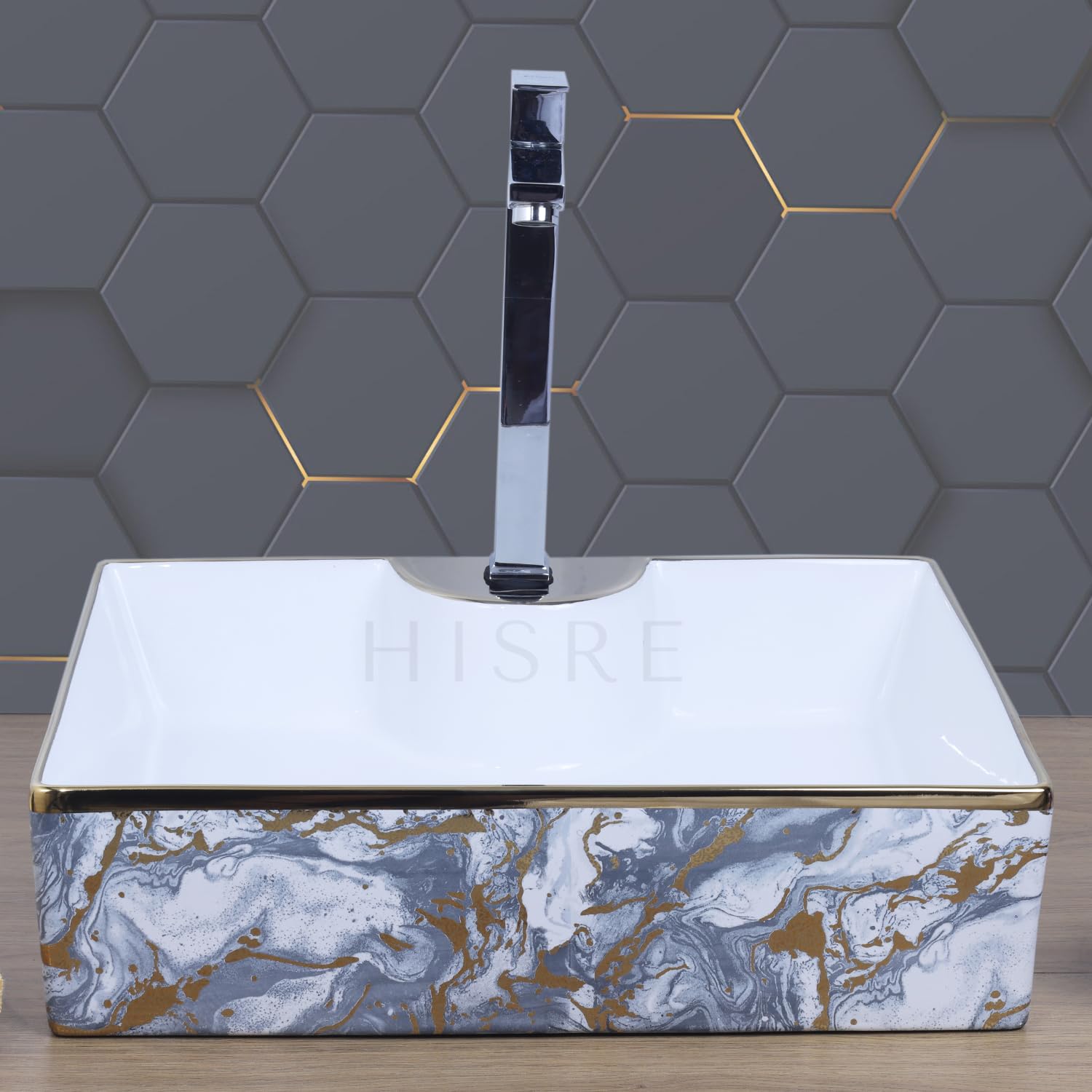 HISRE Table Top Wash Basin For Bathroom | Over Counter Top Wash Basin For Living Room | Washbasin Countertop | Tabletop Ceramic Bathroom Kitchen Sink (18 x 14 x 5.5 Inch) (SKTHI3802), photo 3 of 5