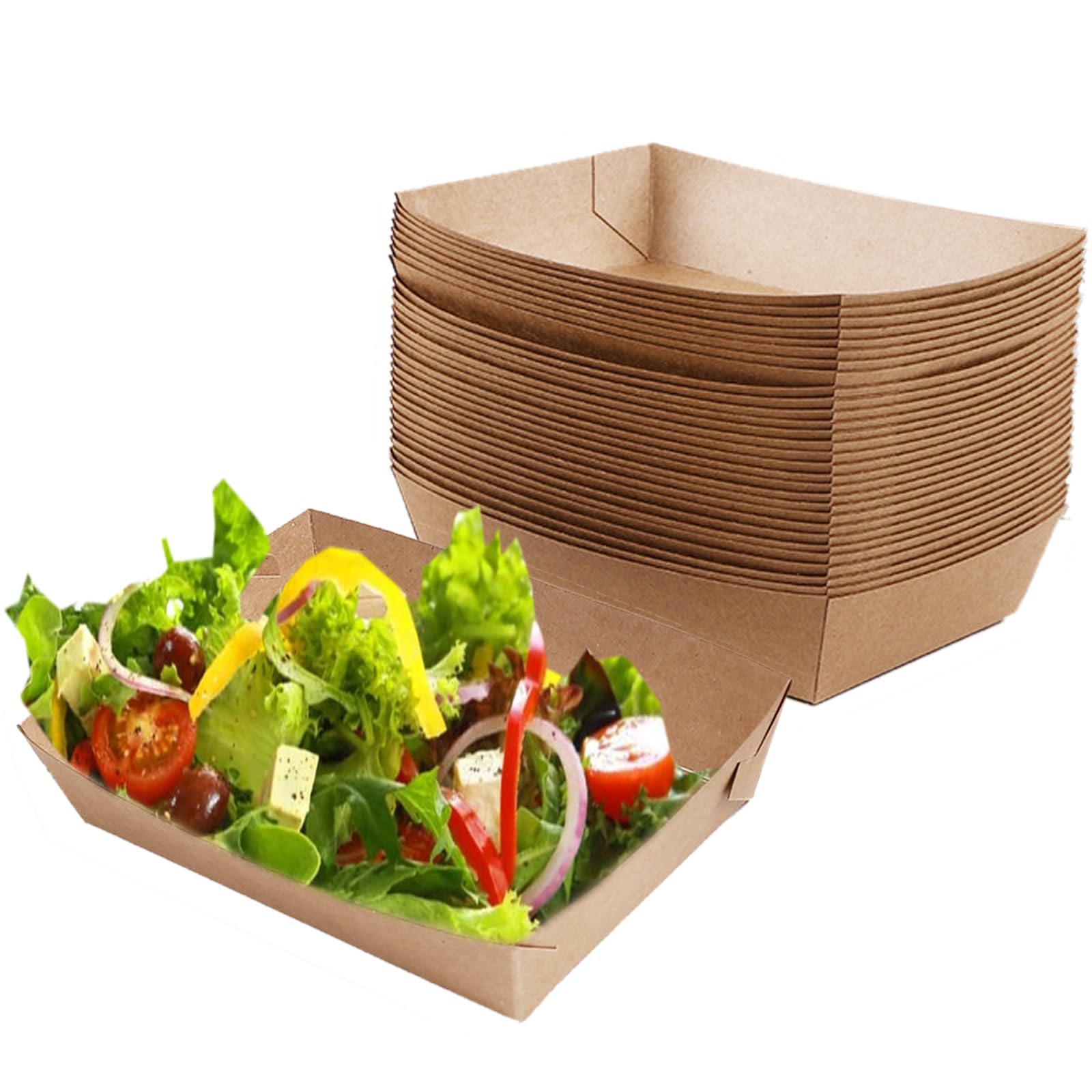 Allbusky 50PCS Disposable Kraft Paper Food Trays, Oil-Proof Paper Food Serving Trays, Boat Picnic Boxes, Serving Food Container Cardboard Bowls Burger Trays Sandwich Tableware
