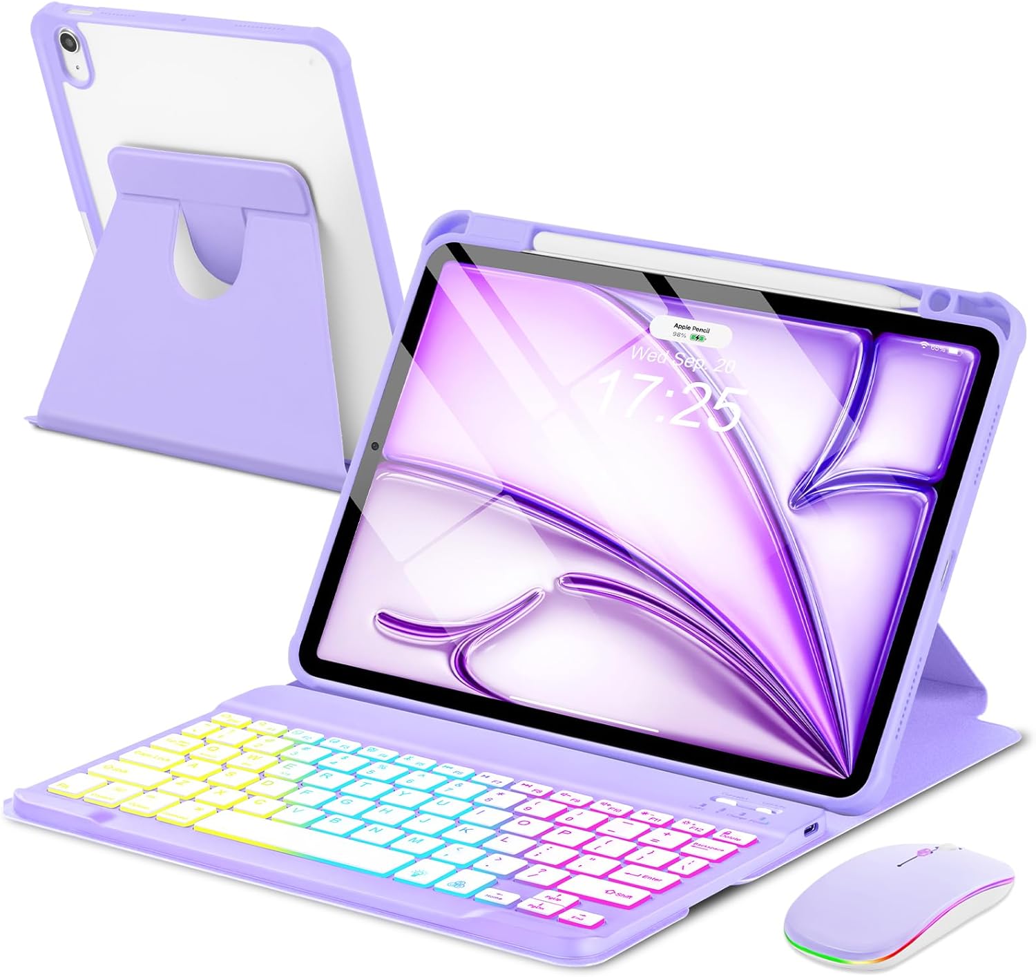 Case with Keyboard Mouse for iPad Air 11 inch M3 M2/ Air 10.9 5th 4th Generation,Rainbow Backlit Detachable Keypad Rotatable Magnetic Cover with Pencil Holder for iPad Air 4 5 6 7 Gen Purple