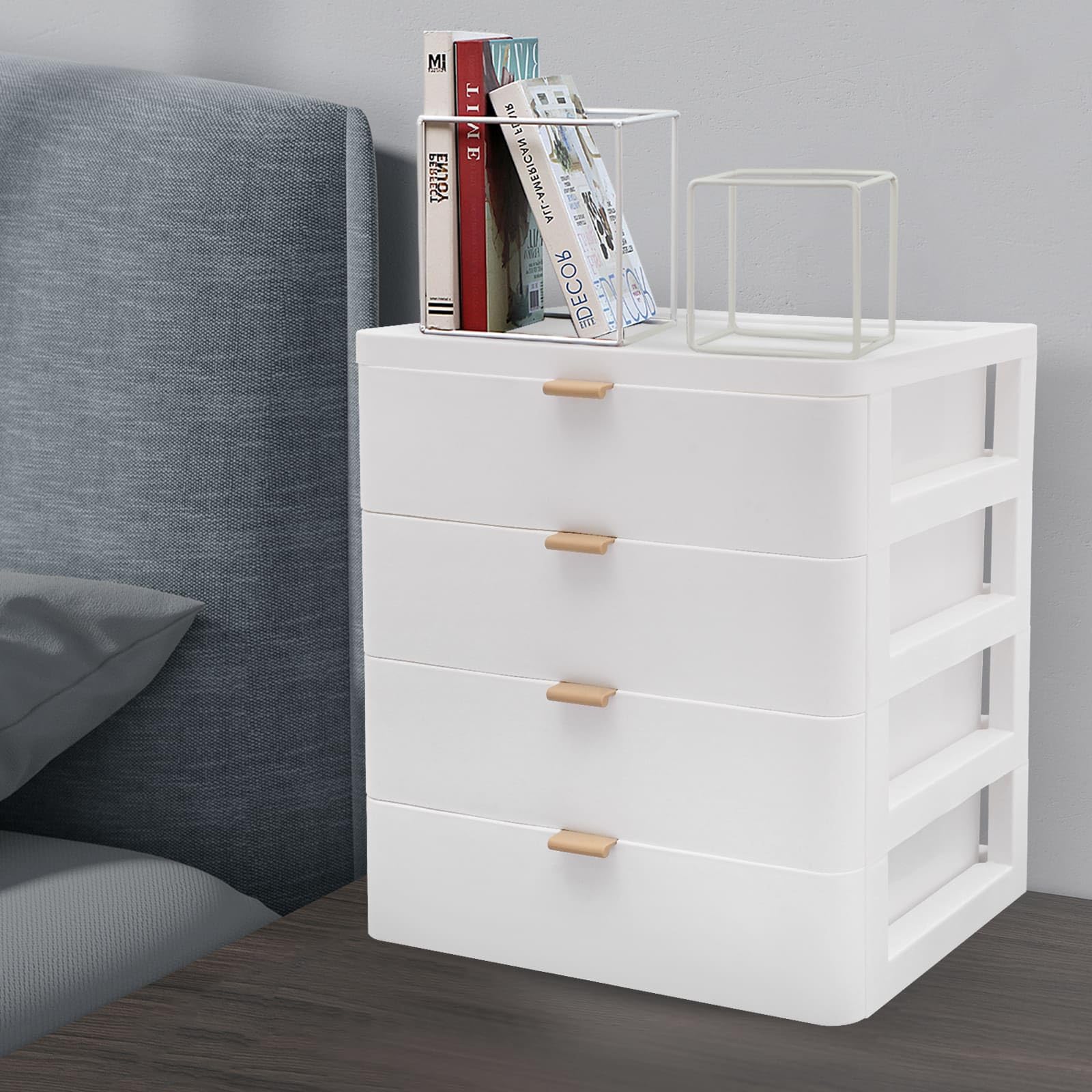 Boîte de Rangement de Bureau en Plastique, Organisateur de Bureau avec Tiroir, Gain de l'espace, Pour ranger livres, bijoux, cosmétiques, collations, articles divers, Blanc (4 tiroirs)