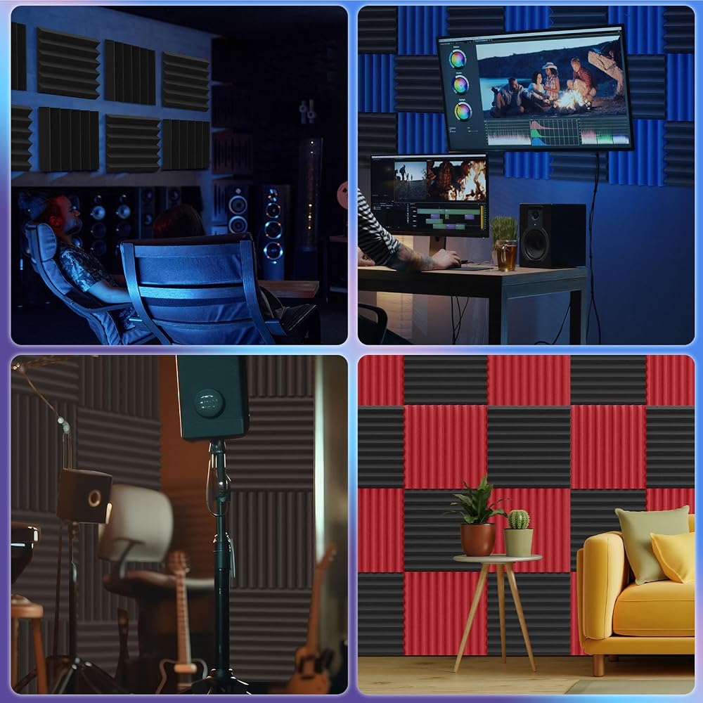Burdurry 50 Pack Acoustic Panels Soundproof Studio Foam for Walls Sound Absorbing Panels Sound Insulation Wedge for Studio, 1" X 12" X 12" (Black)