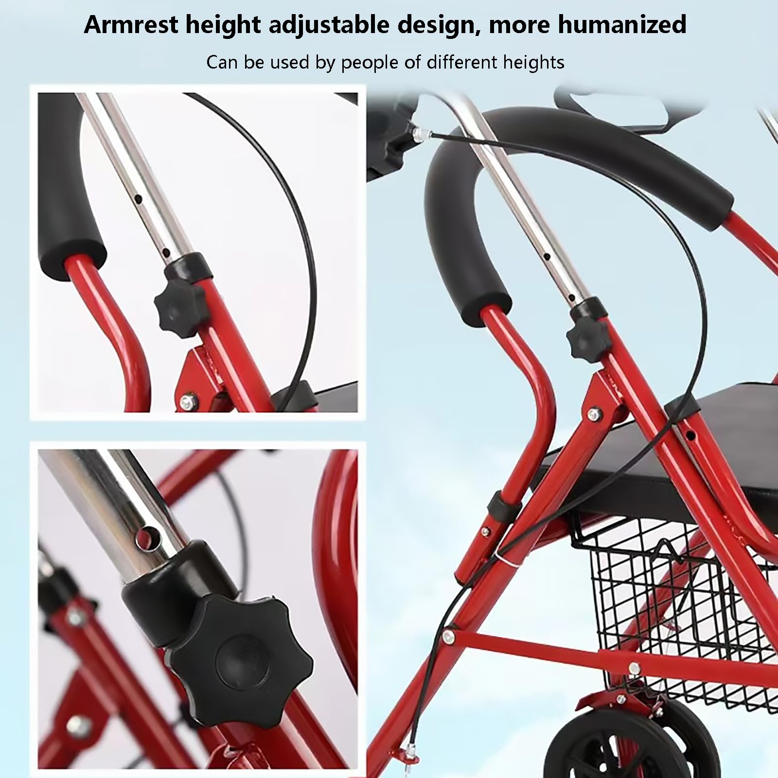 HAILM Rollator Walkers con Asiento Acolchado Extra Ancho y 4 Ruedas para Personas Mayores y Discapacidad, Easy Folding Mobility Aid Walker, Bolsa Almacenamiento, Ligero, Rojo
