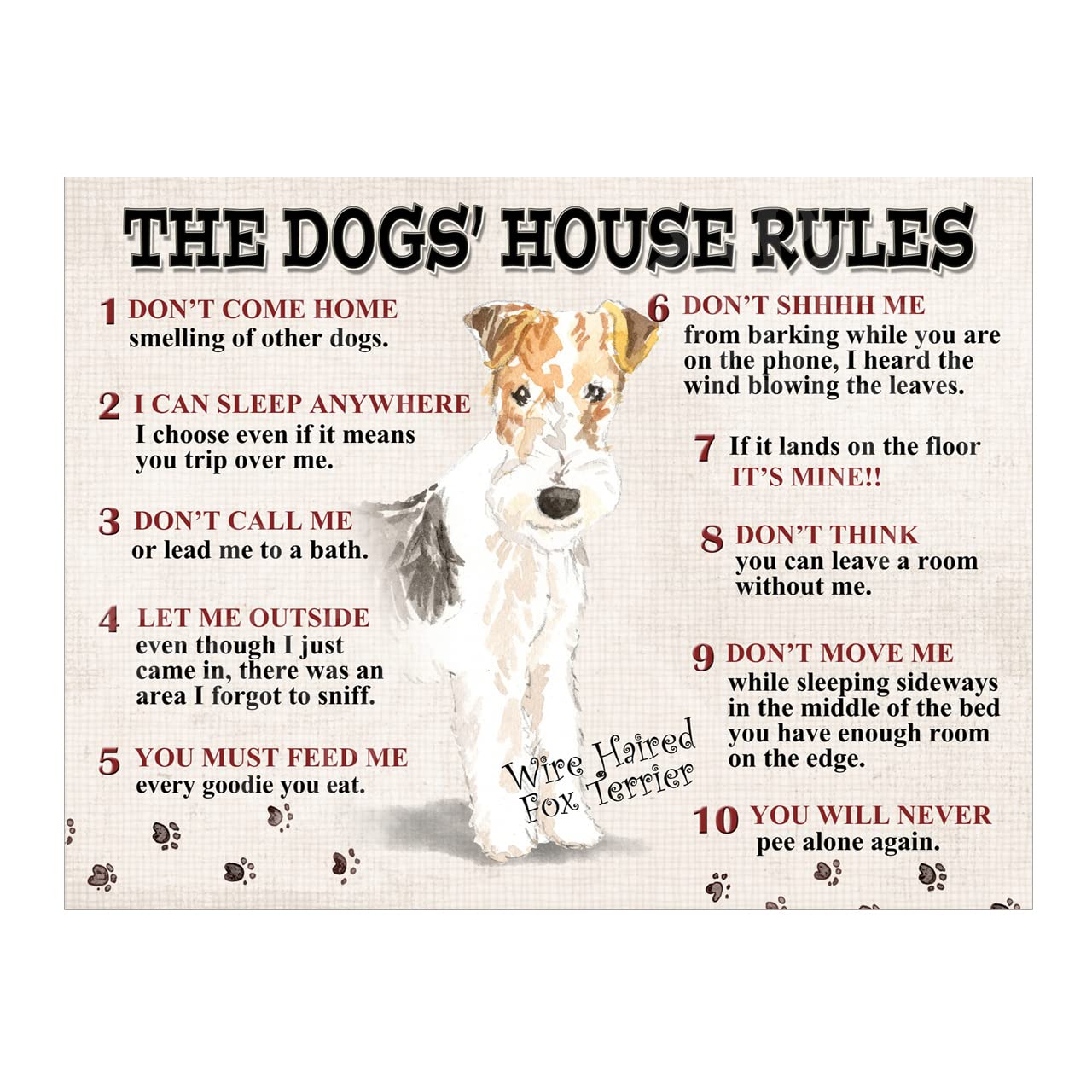 Metal Tin Sign Dog Plaque Dog's House Rules Garden Bar Home Decor Garage Man Cave Poster Pet Gift Dog Lovers (Wire Haired Fox Terrier 8x6 Ref8606)
