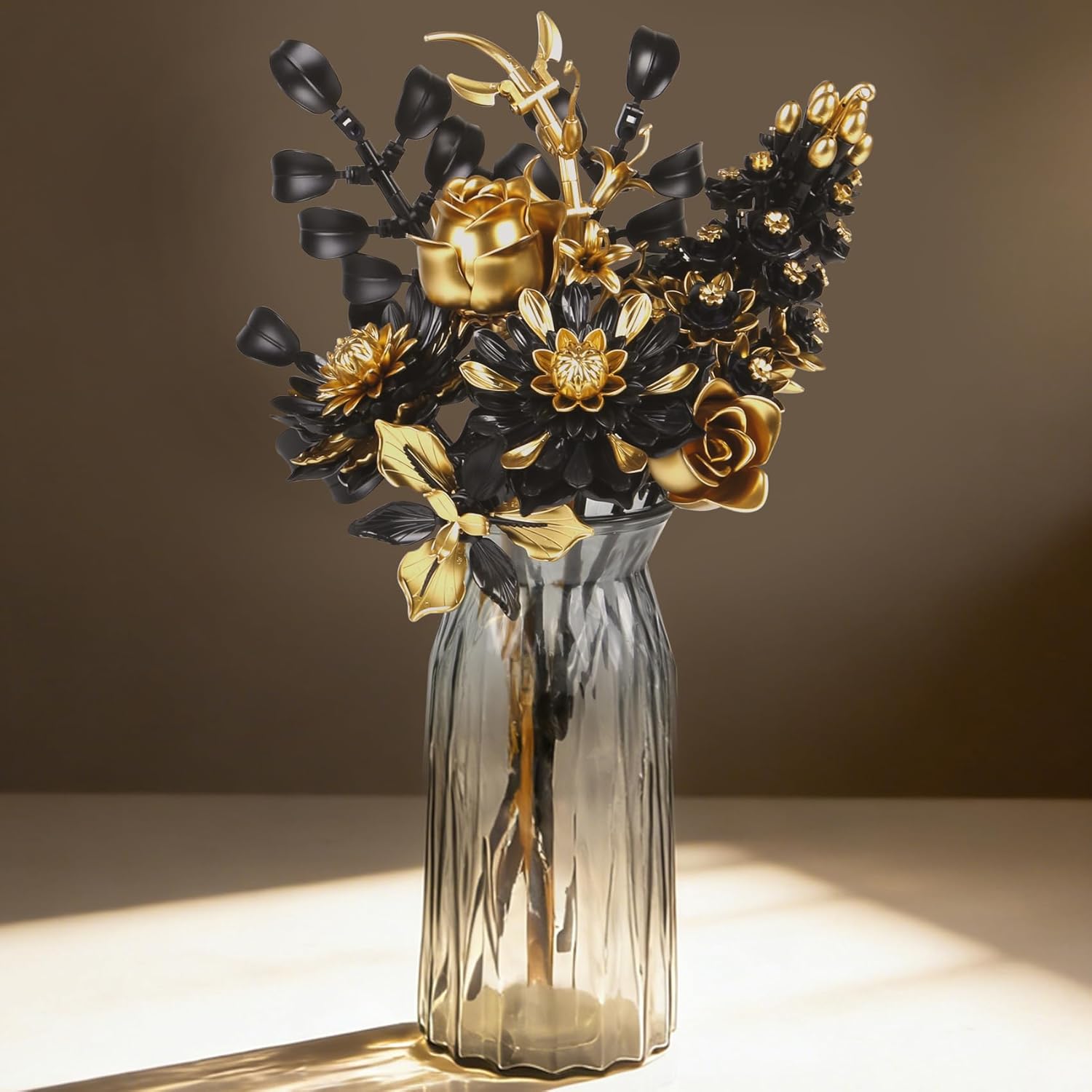 Black Golden Flower Bouquet Building Blocks Set Compatible with lego Size,DIY Botanical Gothic Flowers Centerpiece Decoration,Unique Display Choice for 6+