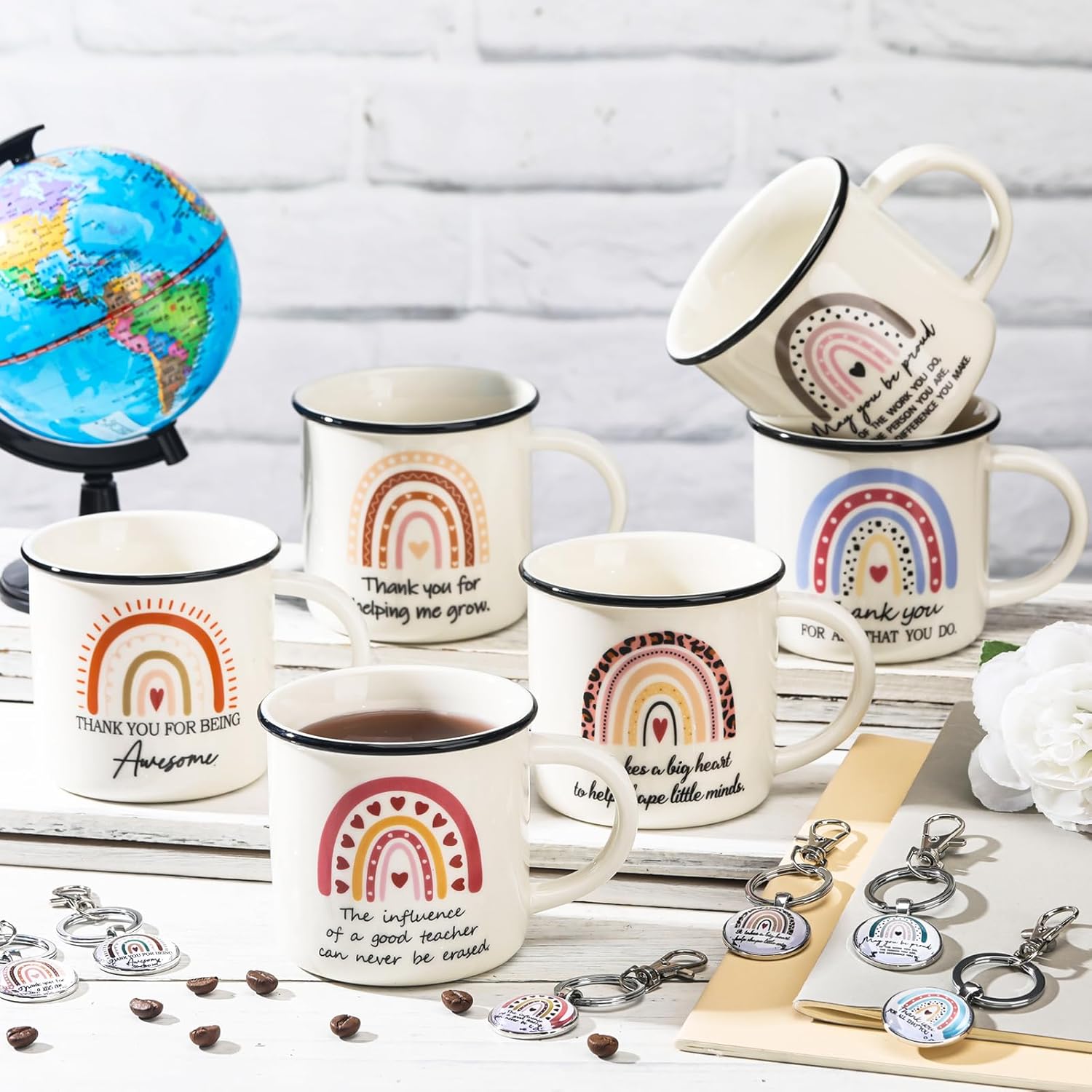 Hushee 12 Pcs Teacher Appreciation Gift Set 6 Teacher Coffee Mug Gift Coffee Mug with 6 Thank You for Helping Me Grow and Learn Keychain Teachers Day Gifts for Women Men from Student(Rainbow)