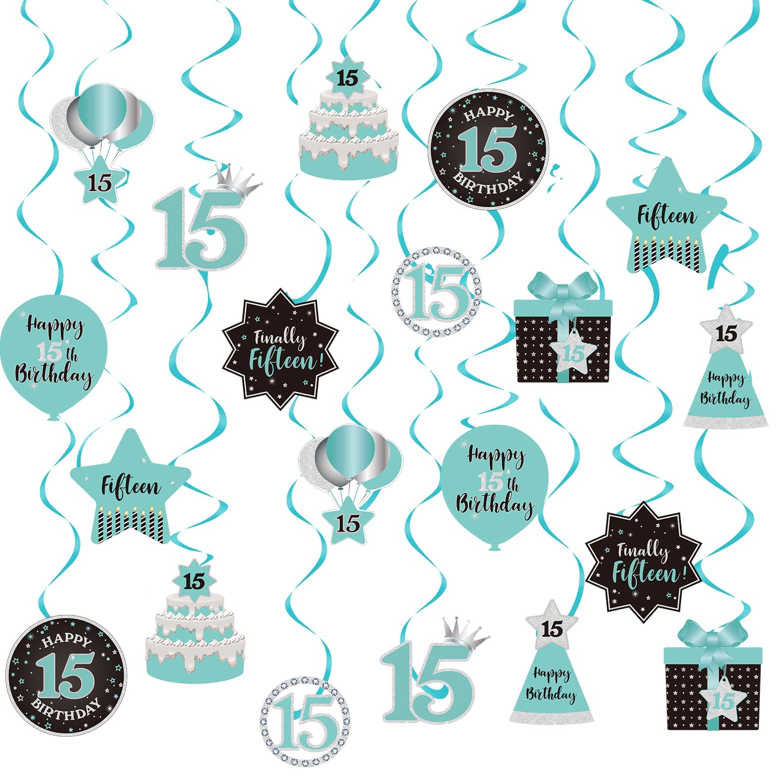 Happy 15th Birthday Party Hanging Swirls Streams Ceiling Decorations, Celebration 15th Foil Hanging Swirls with Cutouts for 15 Years Teal Silver Black