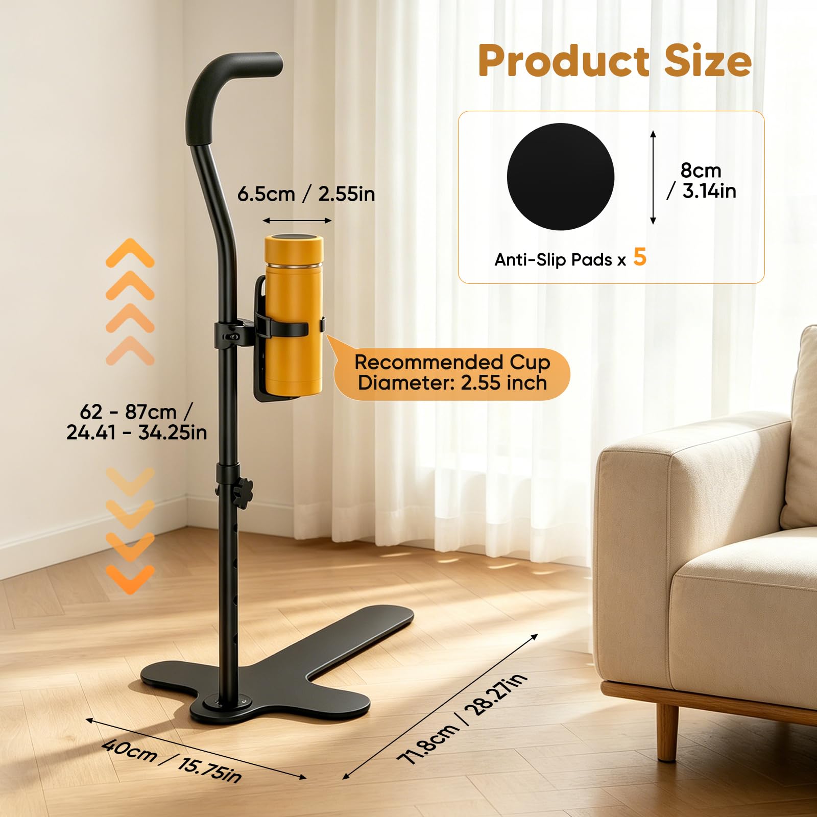 Ayuda para Levantarse del Sofá/Silla/Cama MAX 180 kg, Soporte para Levantarse Antideslizante con Portavasos, Barra de Ayuda con 6 Alturas Ajustables para Ancianos, Mayores, Discapacitados, Pacientes