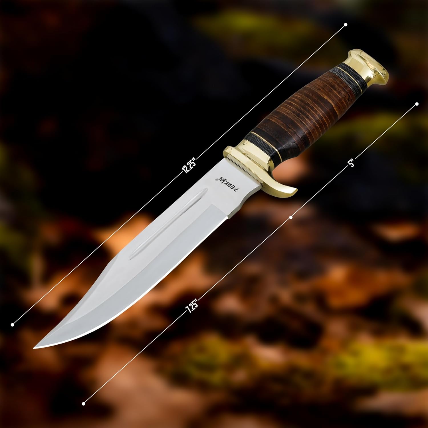Perkin Personalized Hunting Knife with Free Engraving – Handmade 12.5” Fixed Blade with Leather Handle & Sheath, Survival Gift for Men - Bowie Knife