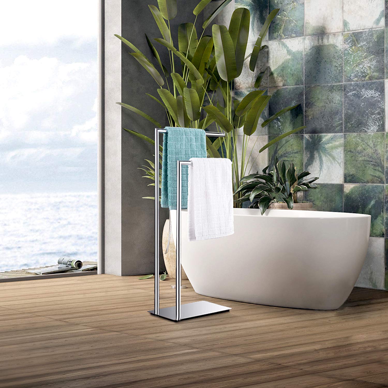 Freistehende Doppel-Handtuchhalter Badaccessoires Handtuchhalter Stand auf Boden Messing Chrom