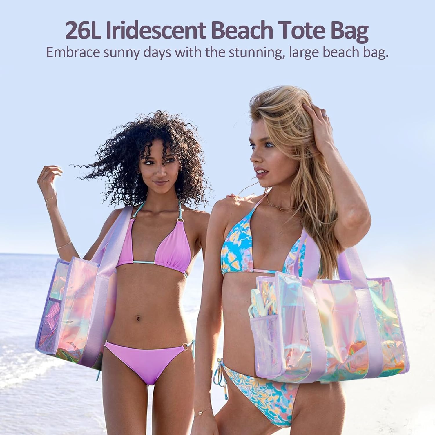 Beach Bag 26L Large Iridescent Waterproof Beach Tote Bag for Women with Zipper & Phone Pouch Sand/Tip-Proof Crossbody - Image 2