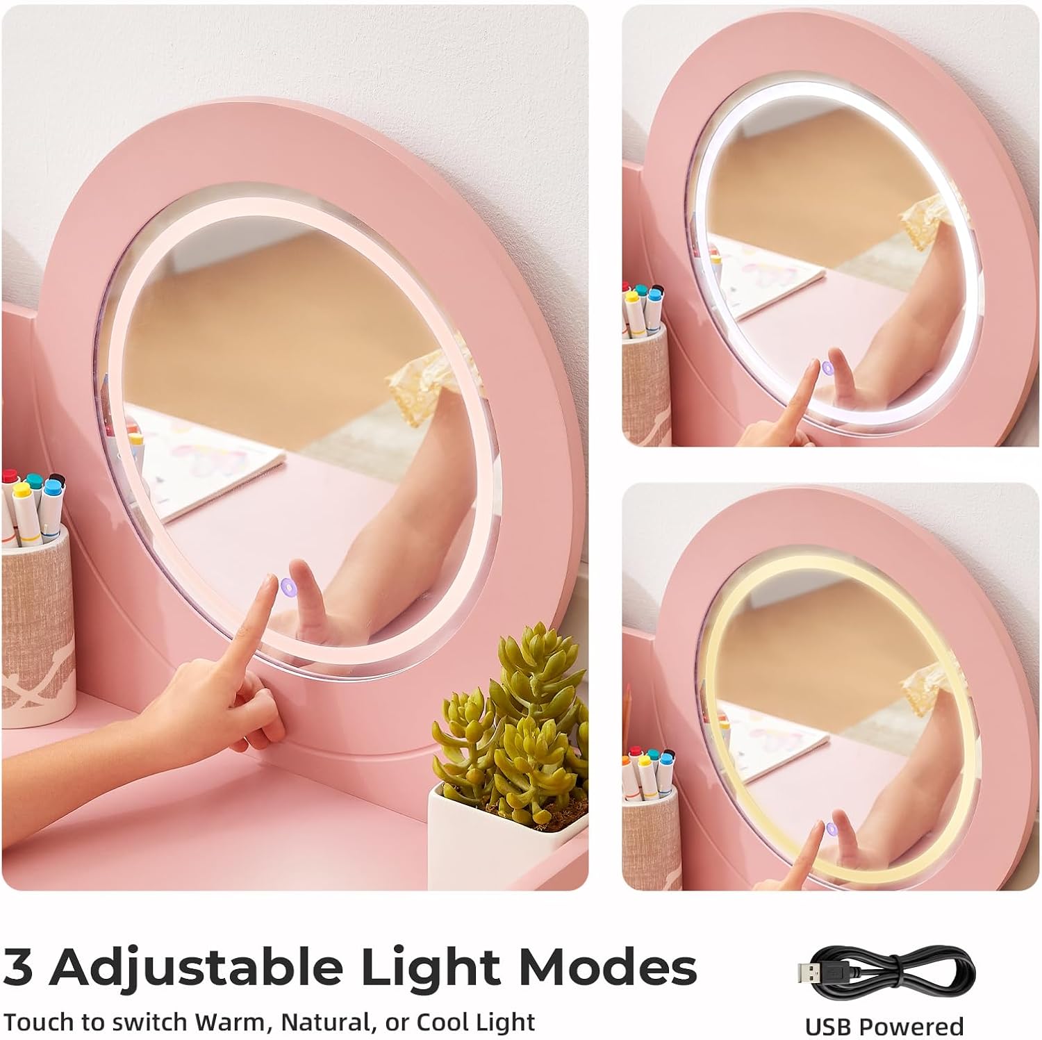 Toddler Vanity with Lighted Mirror, Kids Vanity Table and Chair Set with Open Bookshelf, Storage Cabinet & Shelves, Pink Dressing Table for Girls