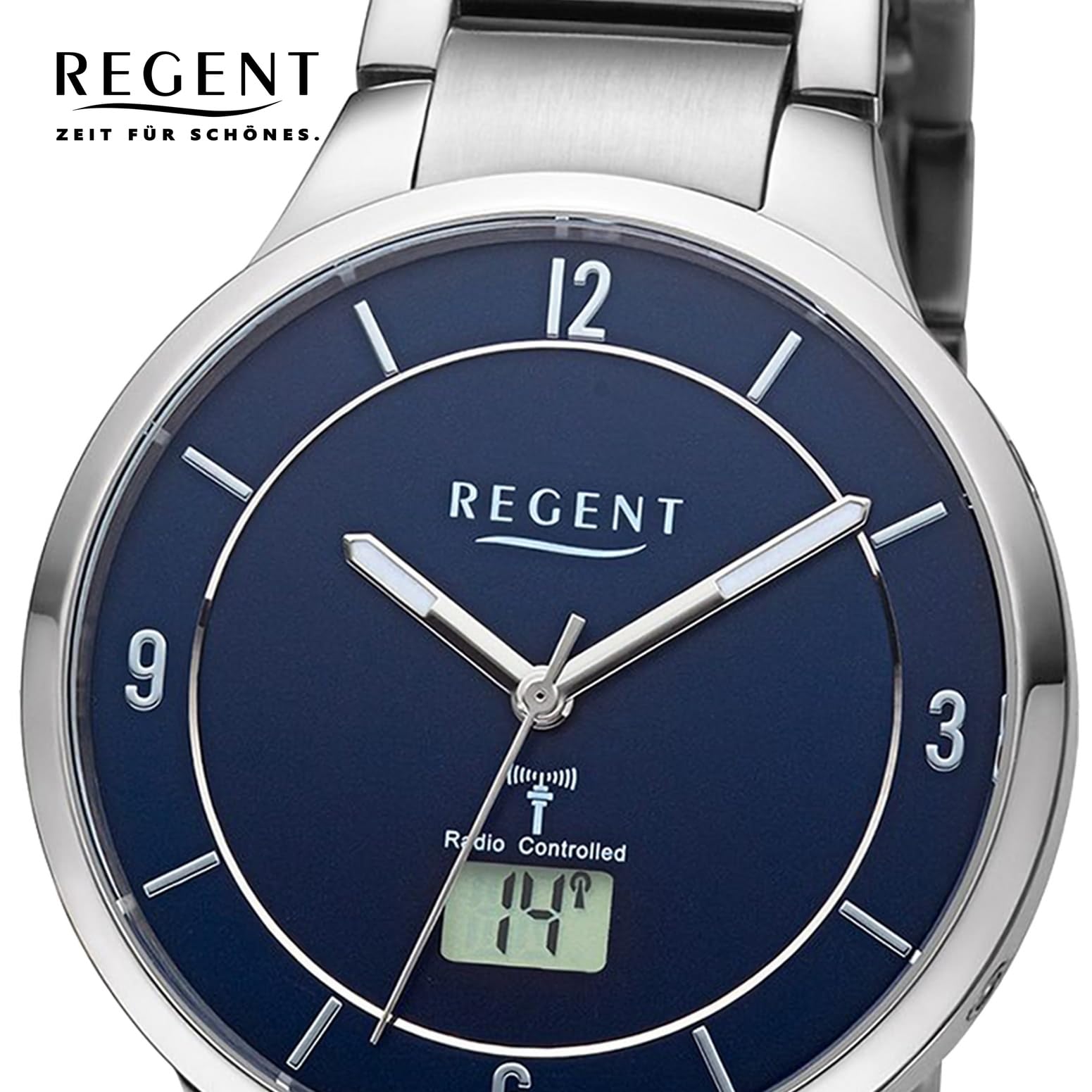 REGENT Herren Funkuhr Analog-Digital Metallarmband Silber URFR290 Analoguhr