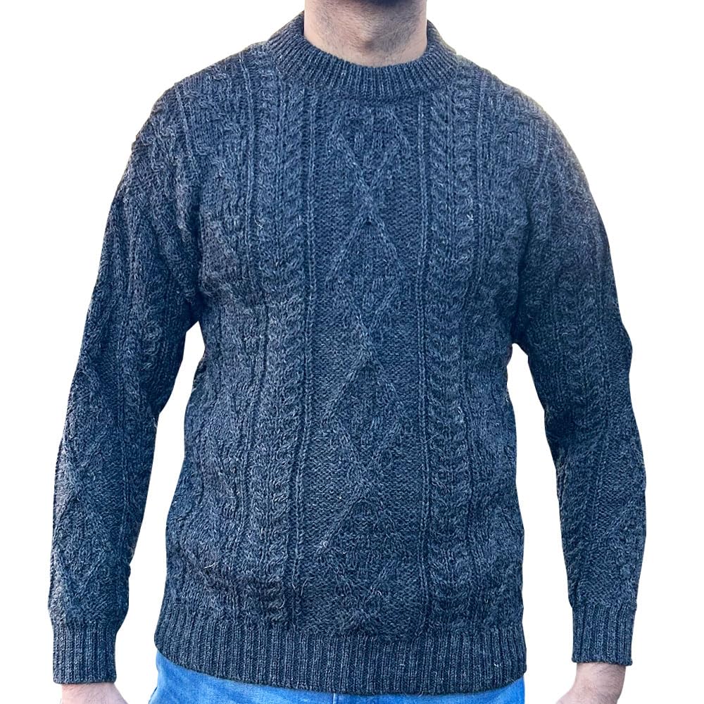 British Wool 100% Pure Arran Jumper - Made in The UK– Round Neck Unisex Jumper – Super Warm and Cosy Sweater for Winter – (M, Charcoal)