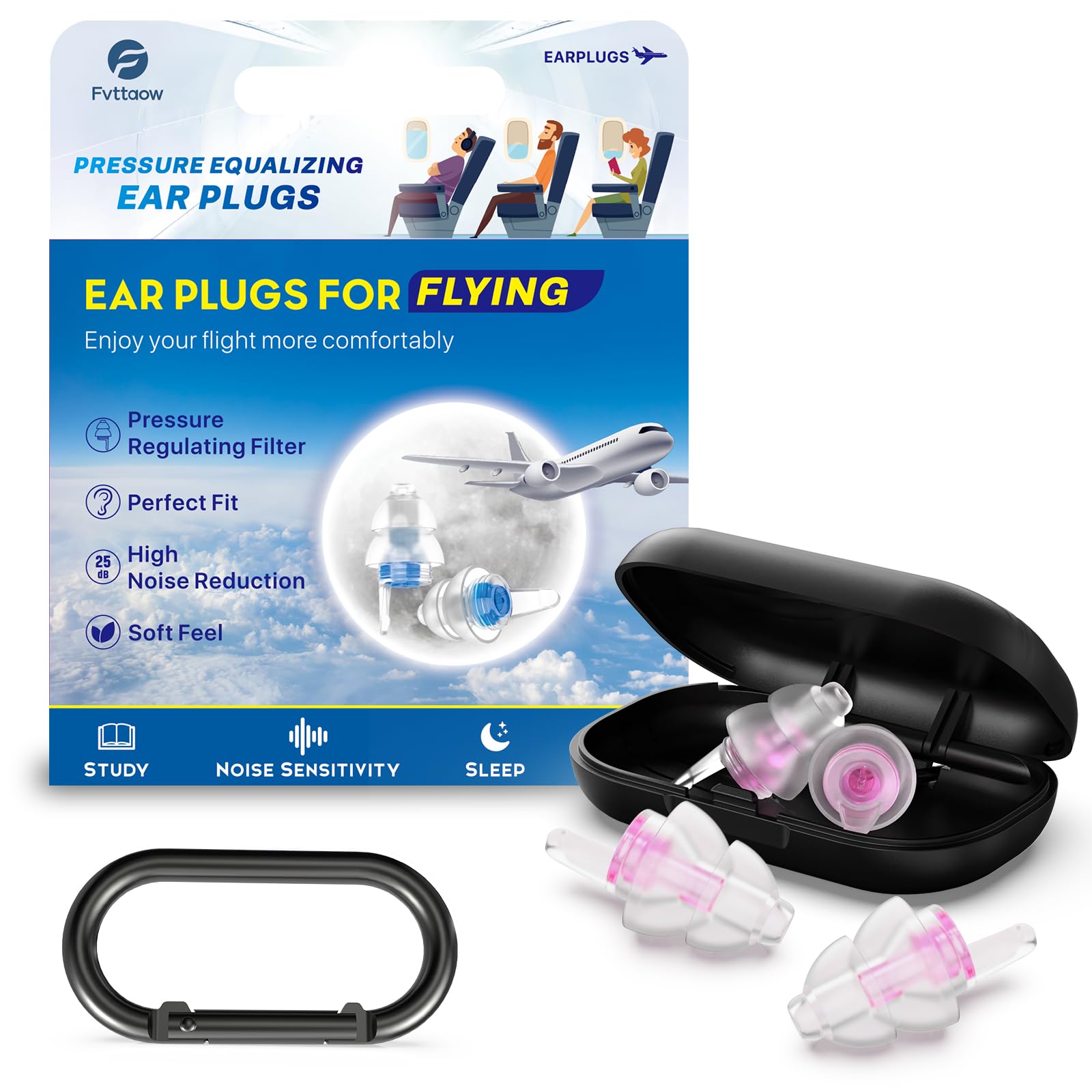 Tappi Per Orecchie Aereo BKSL - Regolatori Di Pressione E Rumore 25dB - Confezione Da 2 Paia