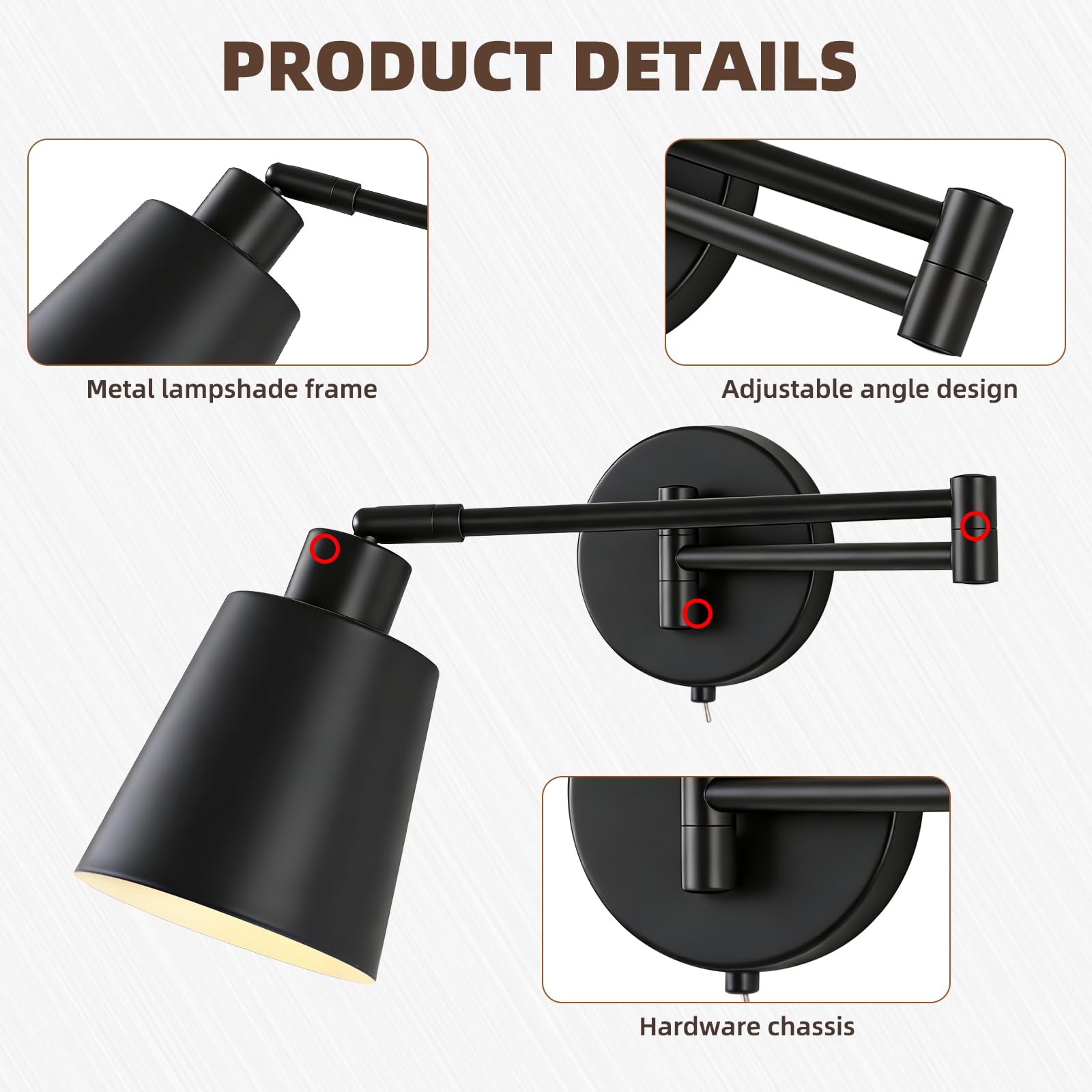 Lampada da parete con braccio orientabile e interruttore Lampada da parete nera Lampadario da parete Lampada da lettura Wall Scone per camera da letto, comodino, soggiorno (lampadina inclusa)