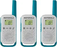 Motorola Solutions, FRS portátil, T114TP, Rádios bidirecionais, operado por bateria, 22 canais, 26 milhas, branco/azul, pacote com 3