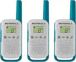 Motorola Solutions, FRS portátil, T114TP, Rádios bidirecionais, operado por bateria, 22 canais, 26 milhas, branco/azul, pacote com 3