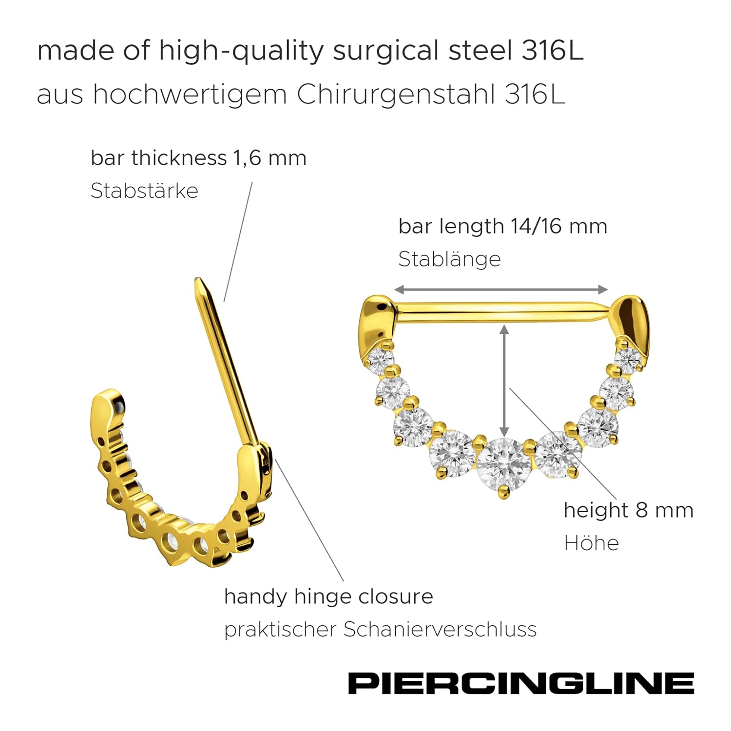 PIERCINGLINE 14G Surgical steel nipple piercing with 9 Crystals | single nipple jewelry barbell | 1 Piece