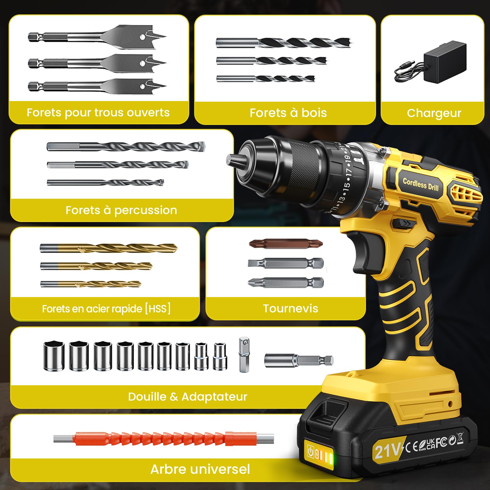 21V Perceuse Percussion Sans Fil, 45Nm Perceuse Visseuse Devisseuse Sans Fil avec 2 Batteries 2,0Ah, 25+3 10mm Mandrin Métallique 2 Vitesses Perceuses à Percussion Viseuse Electrique Outils Bricolage