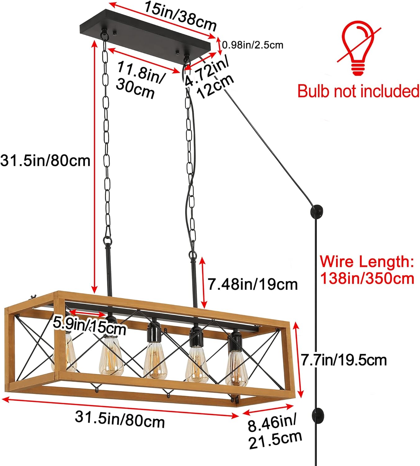 SUNLLOK 5 Light Wood Rectangular Chandelier, Adjustable Hieght Plug in E26 Base Hanging Ceiling Lights, Industrial Farmhouse Linear Pendant Lamp Fixtures Decoration for Kitchen Island, Living Room