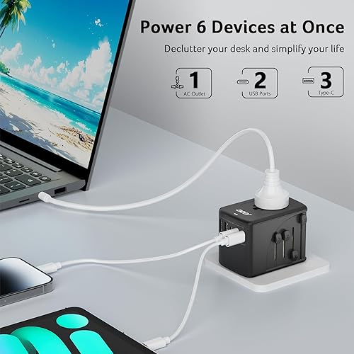 Miniatura 3 de Acer Adaptador de enchufe de viaje universal - Adaptador de corriente internacional con 5 puertos USB (3 USB C) 5.8A, cargador de salida mundial