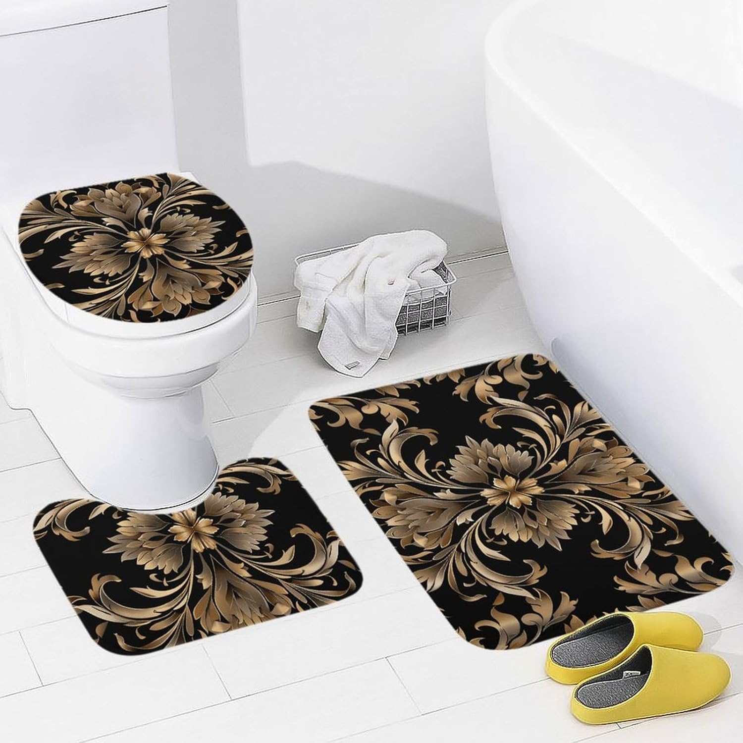 Bathroom Rug Set 3 Pieces Absorbent Elegant Floral Decor Bath Mats for