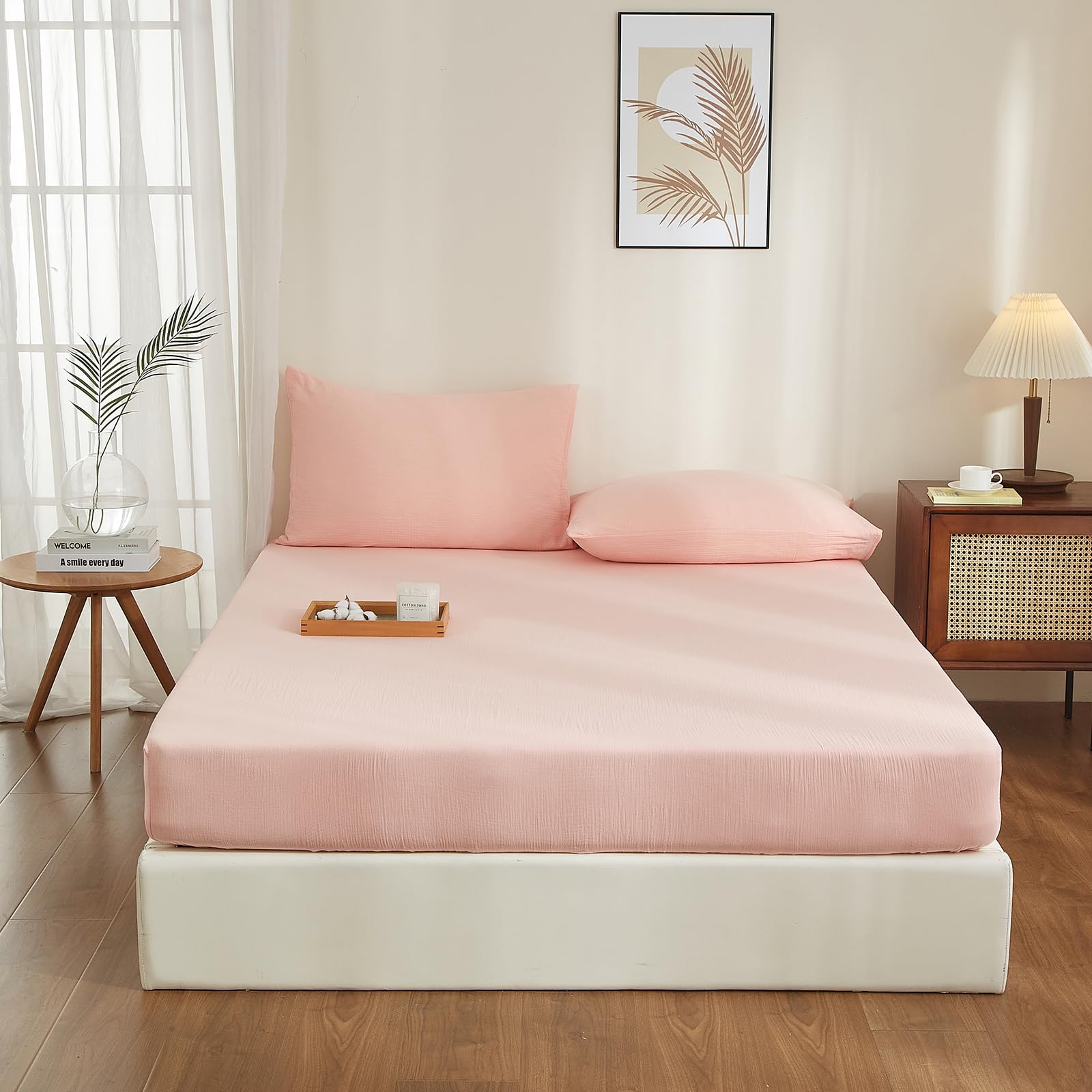 Drap Housse 140x190 Coton Rose Bonnet 30 cm Drap Housse 140x190 Double en Gaze de Coton Super Doux Confortable Respirant Drap de lit pour Matelas Épais, Certifié Oeko-Tex