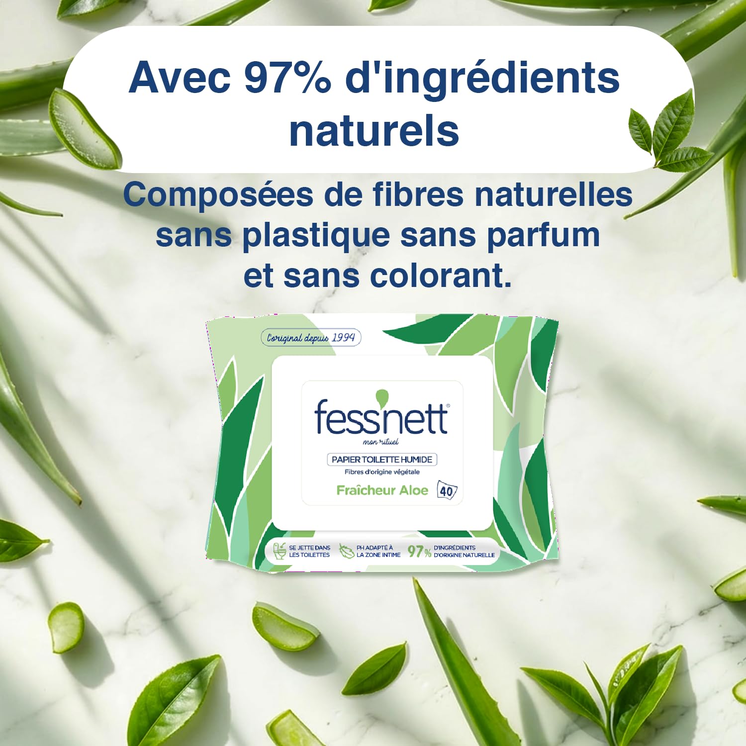 fess'nett Papier Toilette Humidifié Vert Aloe 40 Feuilles | 100% Fibres Végétales, 96% d'Eau, PH Neutre, Sans Parfum et Parabène, Usage Intime Adulte Enfant