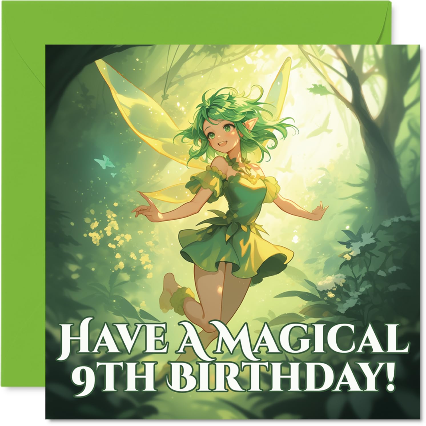 Playful Birthday Card - Sprinkle Some Magic - Whimsical Fairy in a Lush Green Forest - A Joyful Wish for a Truly Enchanting Birthday - 145mm Square, Envelope Included