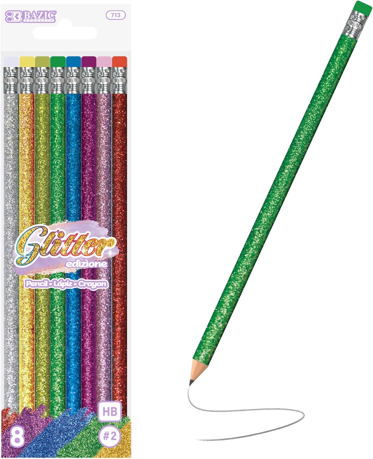 BAZIC PRODUCTS Metallic Glitter Pencil w/Eraser, Latex Free Eraser, Unsharpened Rewards Glitter Pencil (8/Pack), 24-Packs