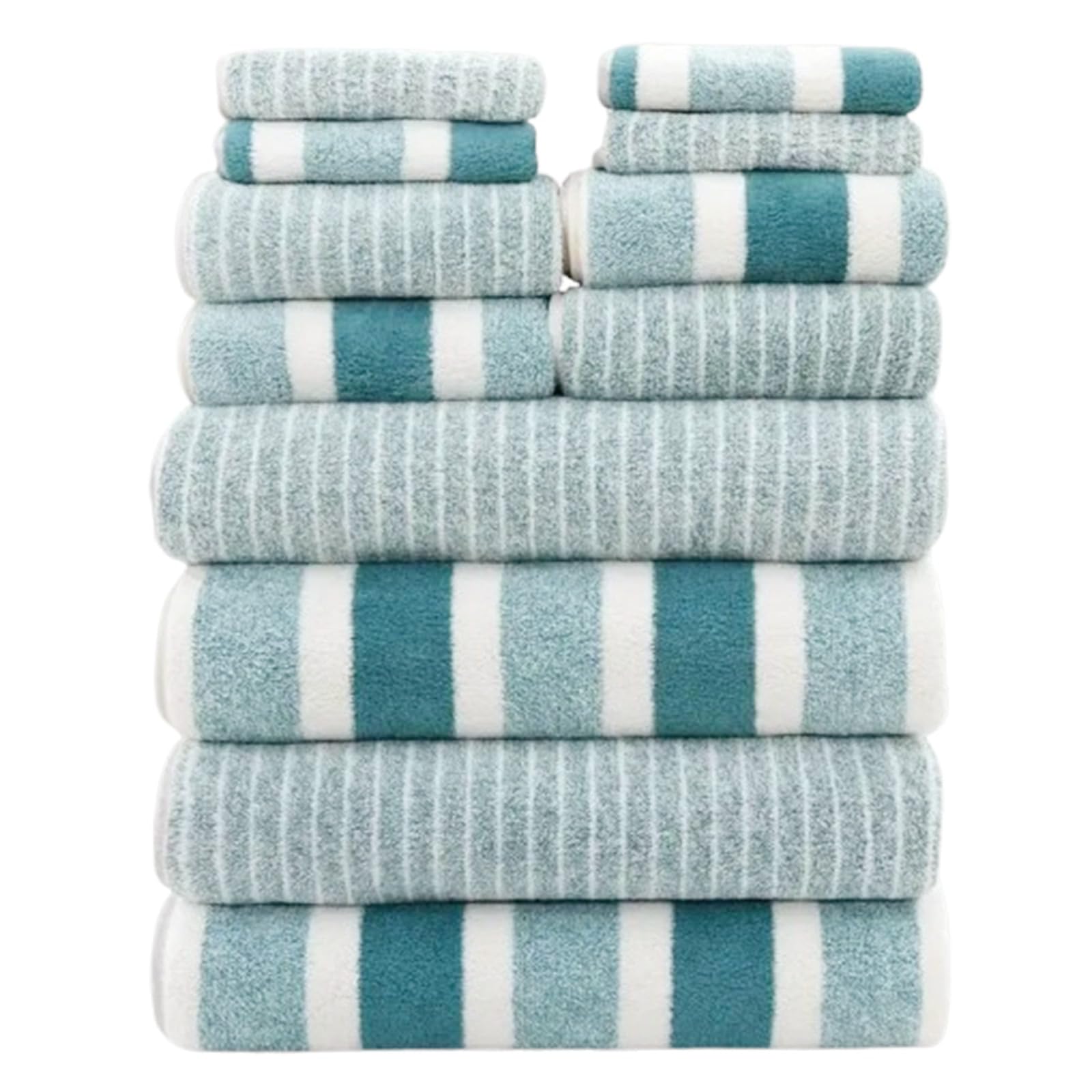 FERNVALE 12PCS Towel Set – Soft Absorbent Bath Towels, Hand Towels & Washcloths with Elegant Woven Stripe Design, Quick-Dry Bathroom Towels for Home & Kitchen, Bath Linen Towel Sets (Green)