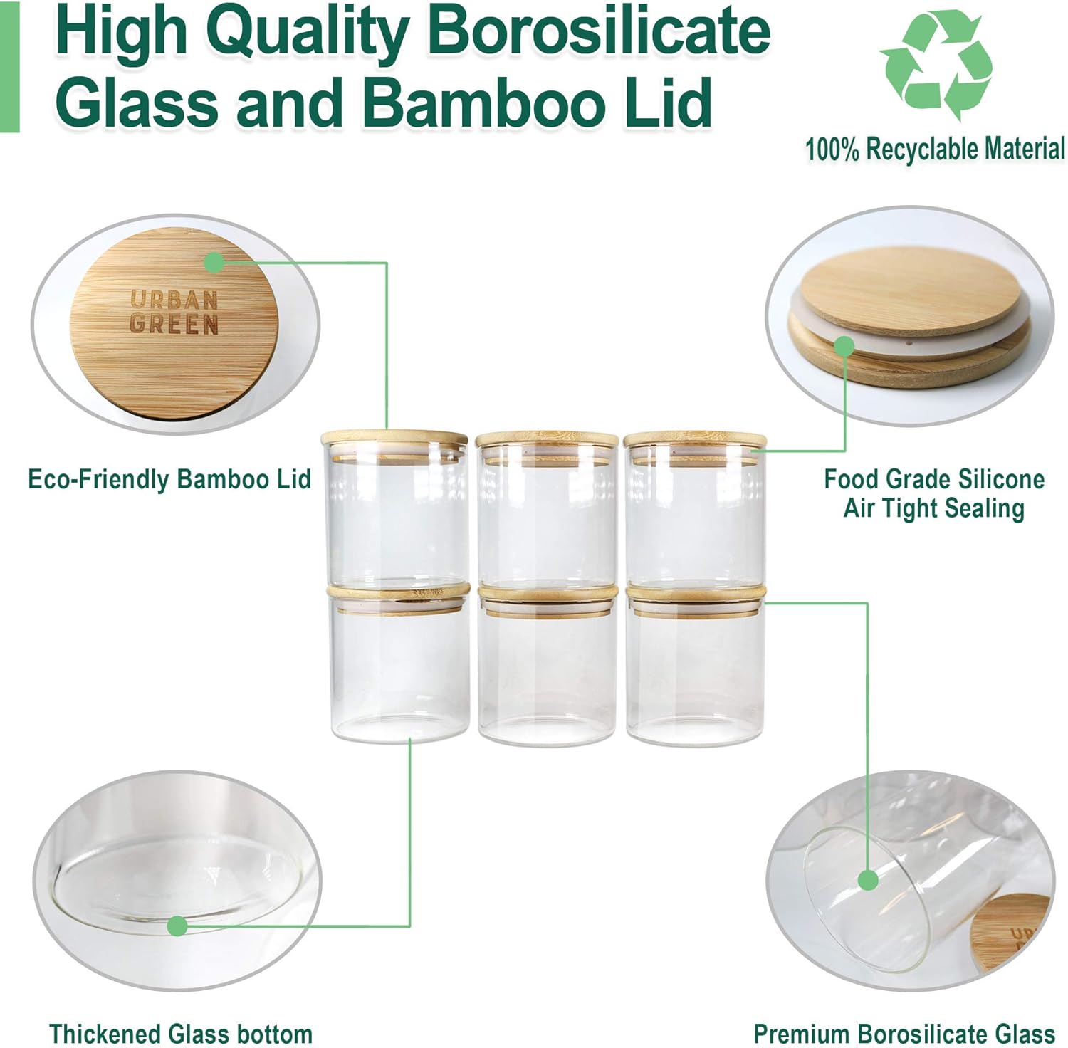 Glass Jars with Bamboo Lids Urban Green, Glass Airtight Canisters sets, Glass Food Storage Container, Pantry Organization and Storage Jars, Kitchen Canisters Sets, Spice Jars, Flour Containers of 6 : Home & Kitchen