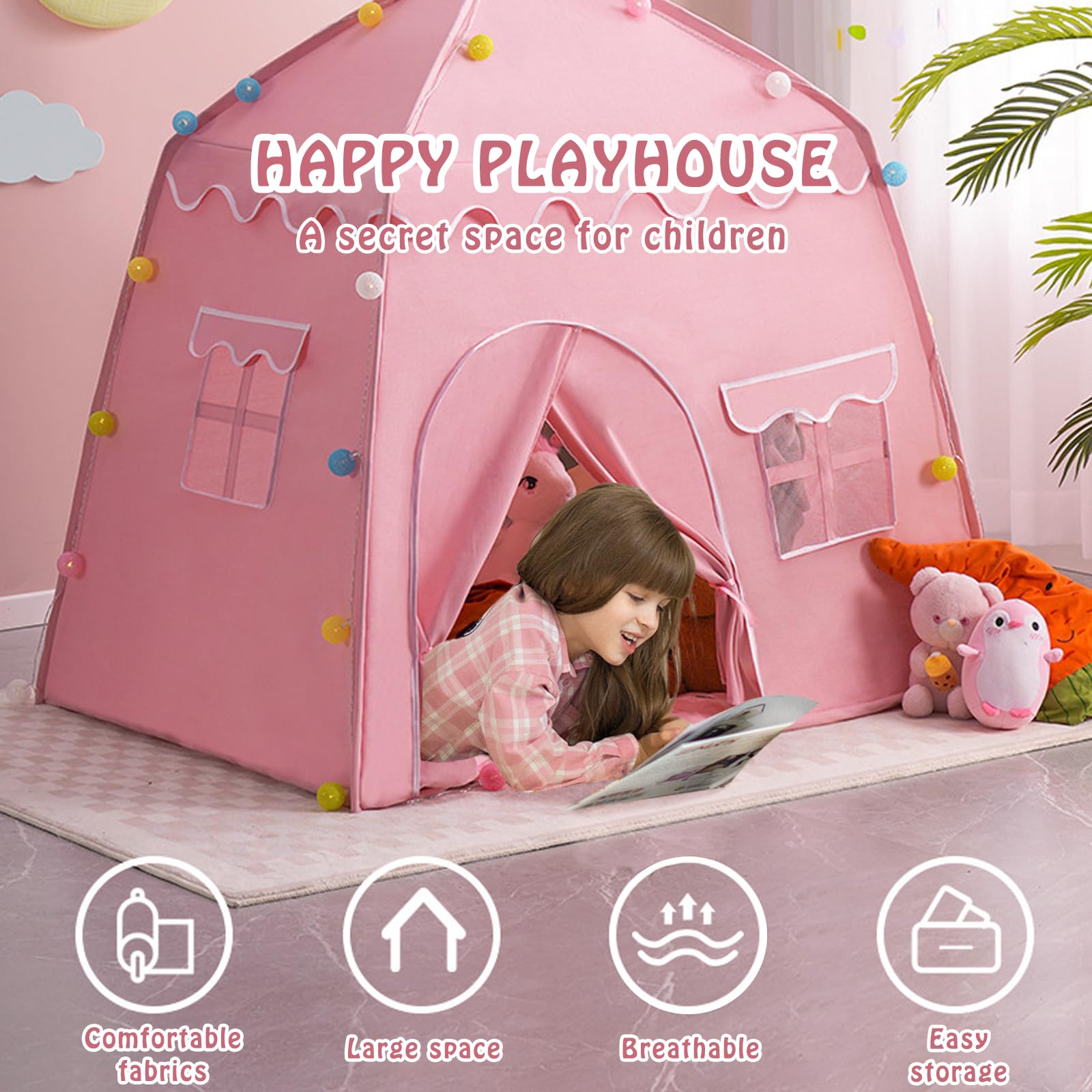 Tenda Da Gioco Per Bambini 130x100x130 Cm - Castello Da Principessa Rosa Con Finestre, Per Interni Ed Esterni - Foto 9